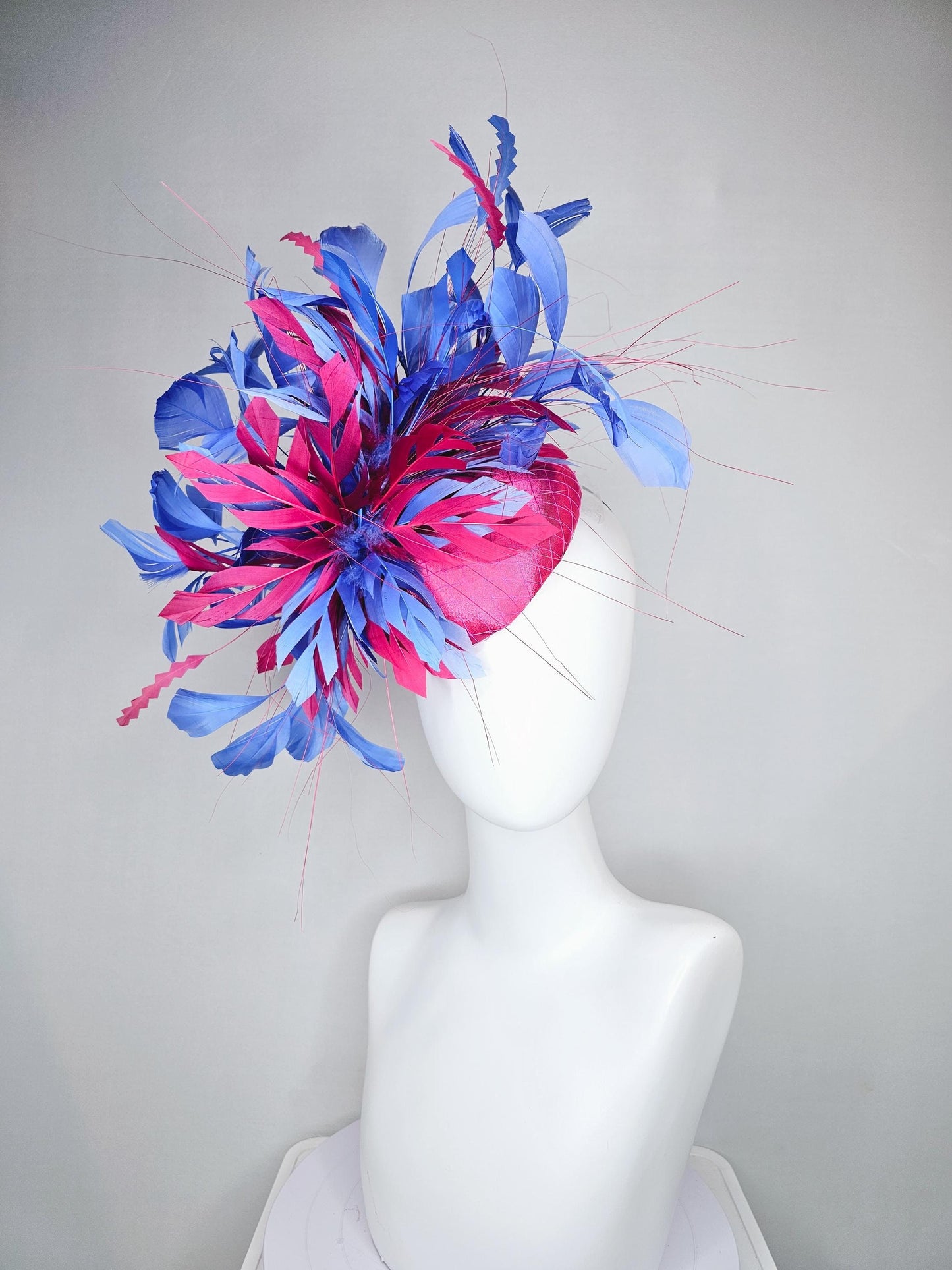 kentucky derby hat fascinator bright pink satin with netting with hot pink and cobalt blue branching feathers