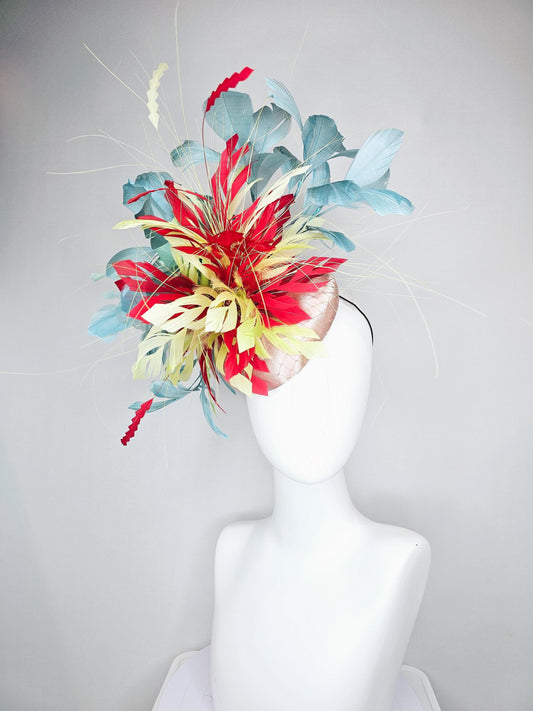 kentucky derby hat fascinator champagne satin with netting with colorful yellow, bright red, and teal blue branching feathers