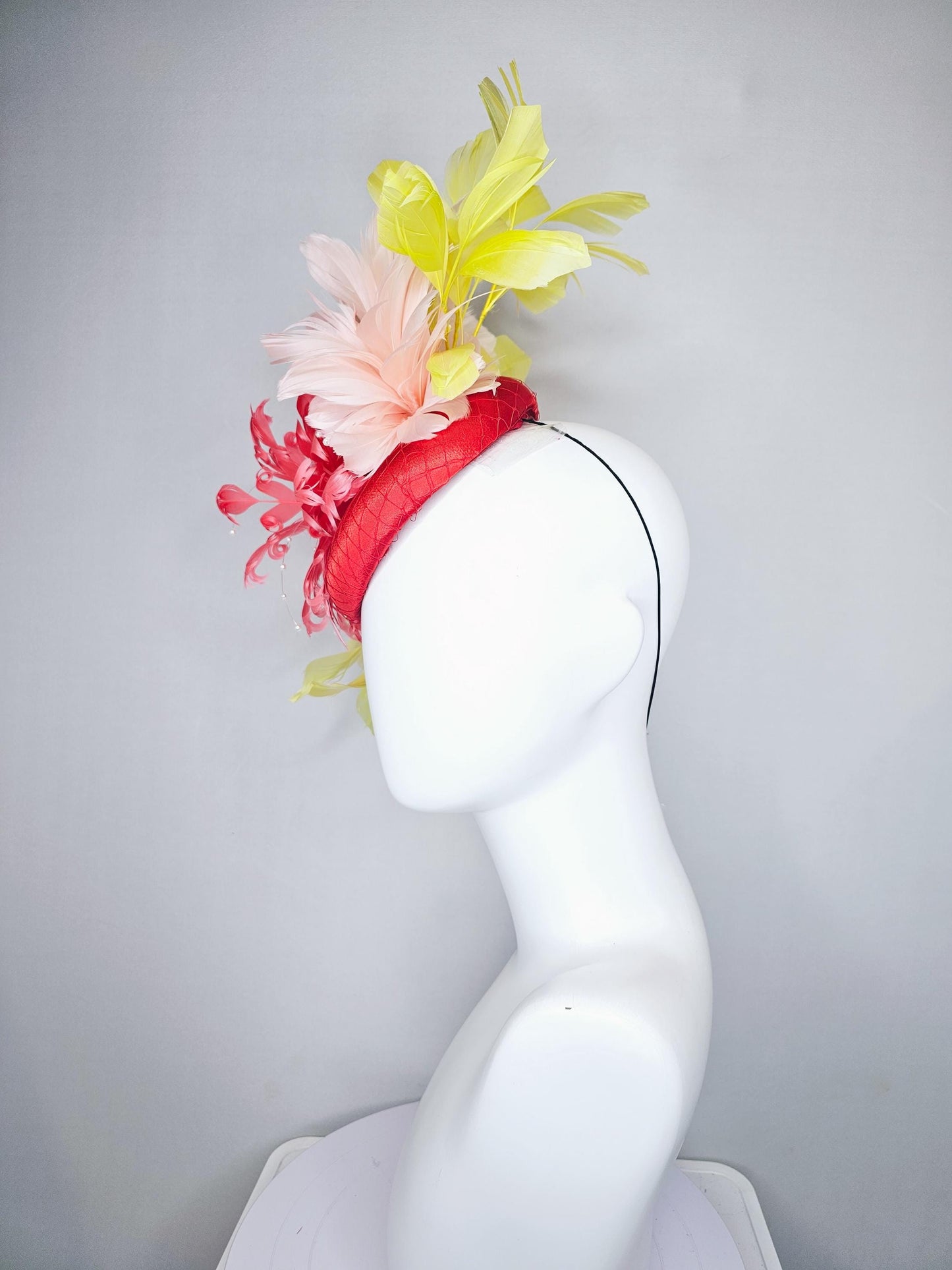 kentucky derby hat fascinator bright red satin with netting,large coral curly feather flower w/ pearl strings,yellow and light pink feathers