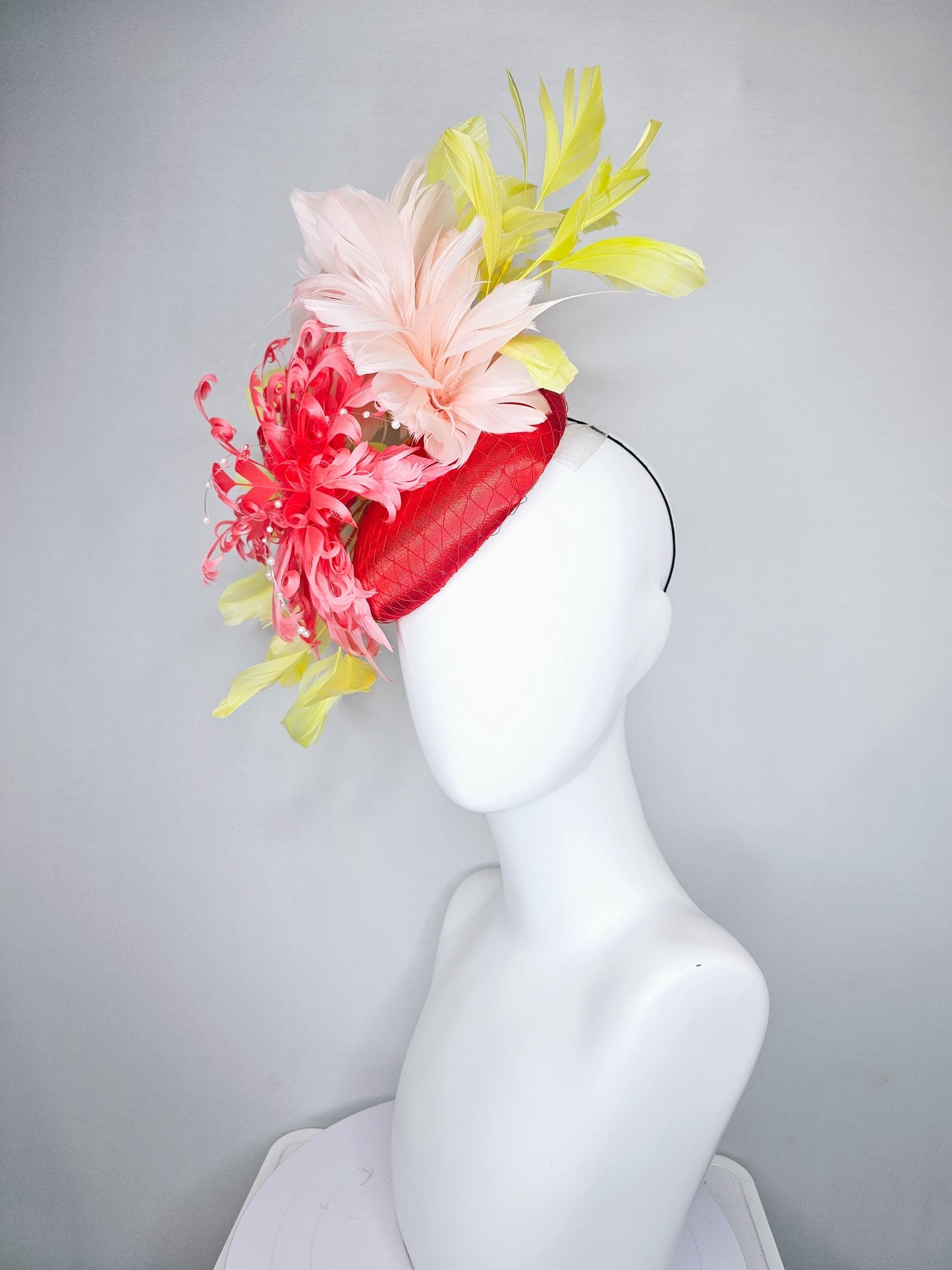 kentucky derby hat fascinator bright red satin with netting,large coral curly feather flower w/ pearl strings,yellow and light pink feathers