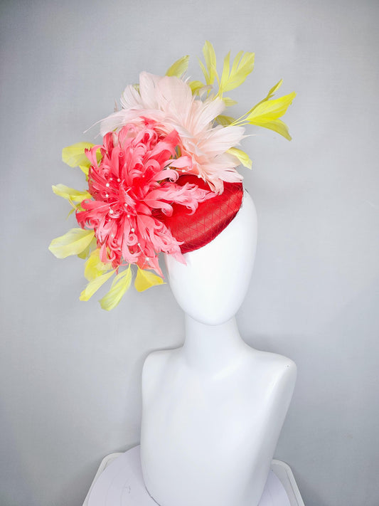 kentucky derby hat fascinator bright red satin with netting,large coral curly feather flower w/ pearl strings,yellow and light pink feathers