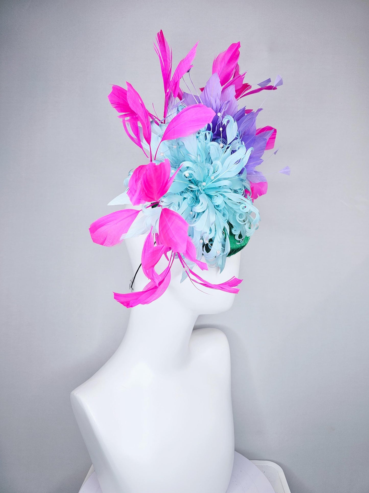 kentucky derby hat fascinator green satin with netting,aqua light blue curly feather flower w/ pearl strings and pink and purple feathers