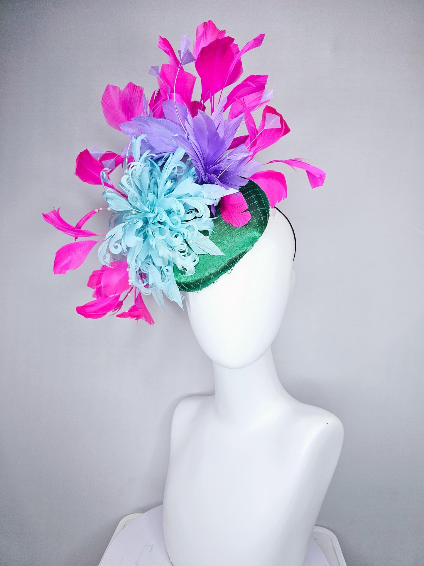 kentucky derby hat fascinator green satin with netting,aqua light blue curly feather flower w/ pearl strings and pink and purple feathers