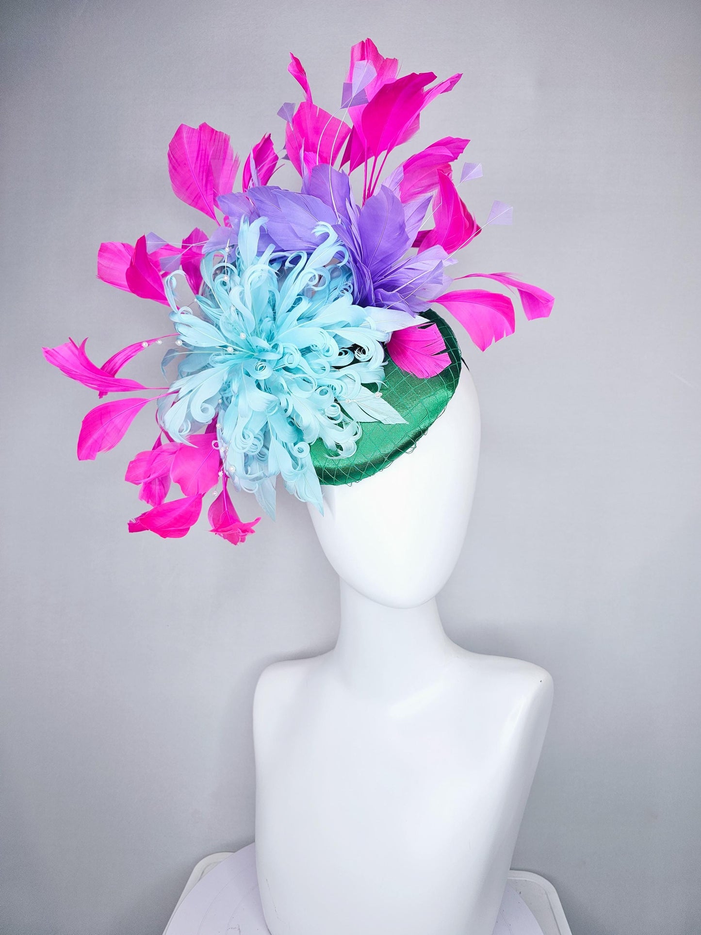 kentucky derby hat fascinator green satin with netting,aqua light blue curly feather flower w/ pearl strings and pink and purple feathers