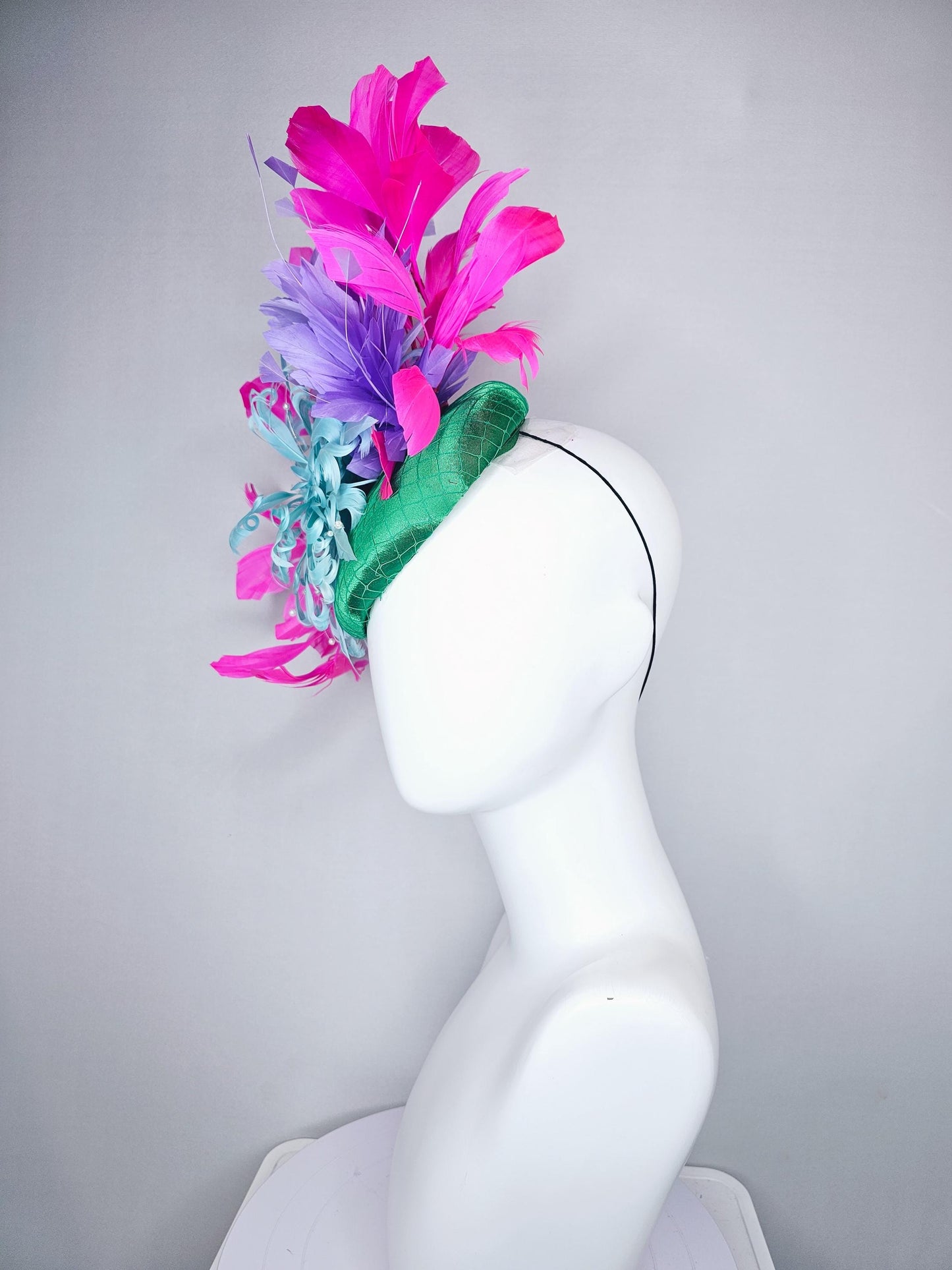 kentucky derby hat fascinator green satin with netting,aqua light blue curly feather flower w/ pearl strings and pink and purple feathers