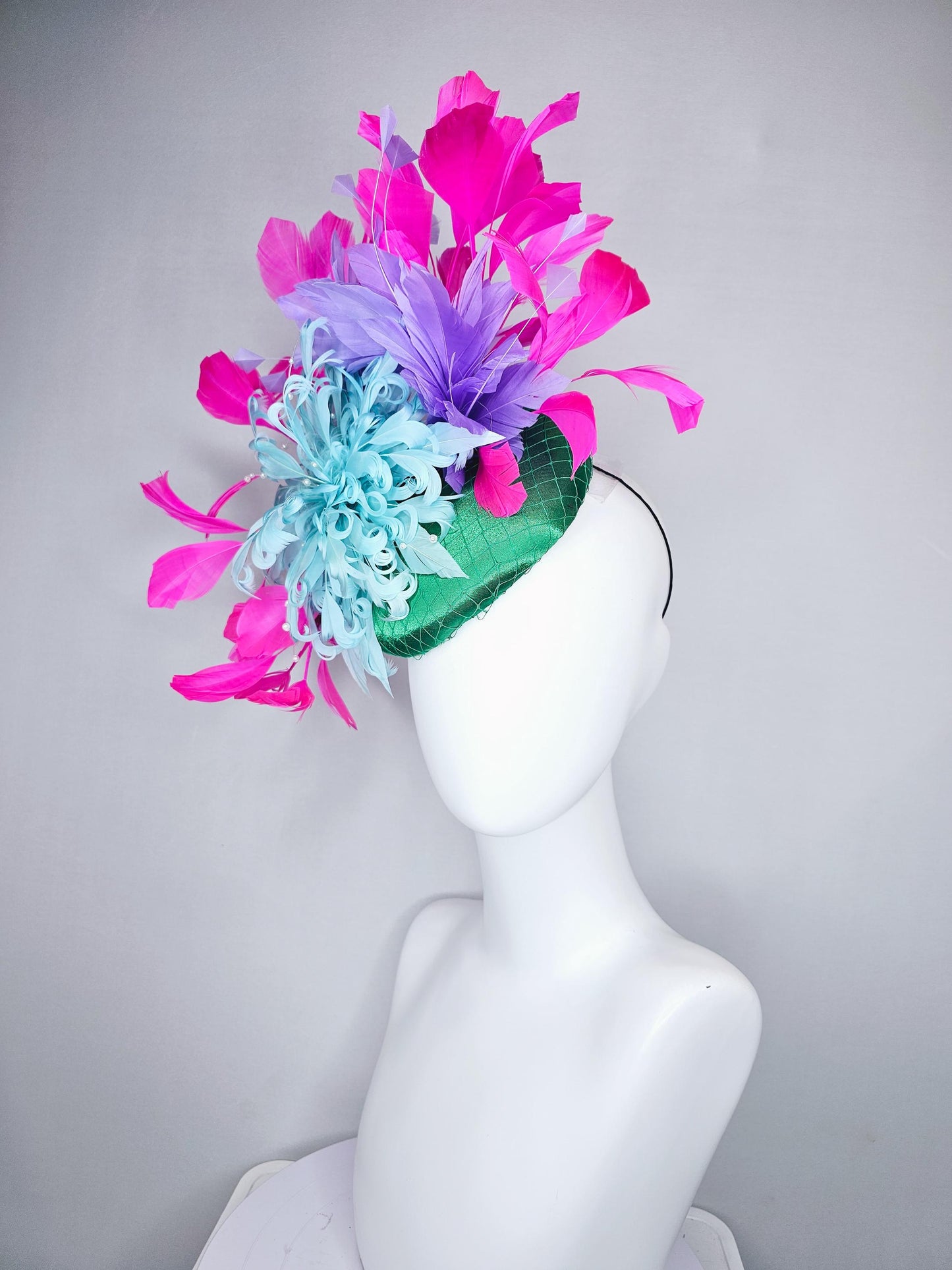 kentucky derby hat fascinator green satin with netting,aqua light blue curly feather flower w/ pearl strings and pink and purple feathers