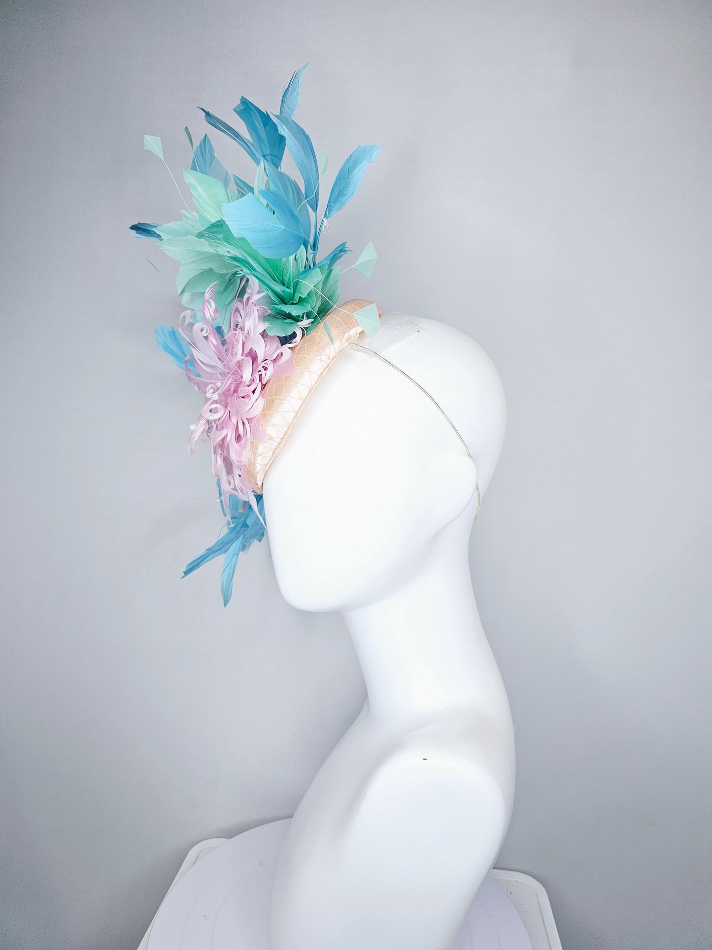 kentucky derby hat fascinator champagne satin with netting,light pink curly feather flower w/ pearl strings,light blue w/ mint green feather