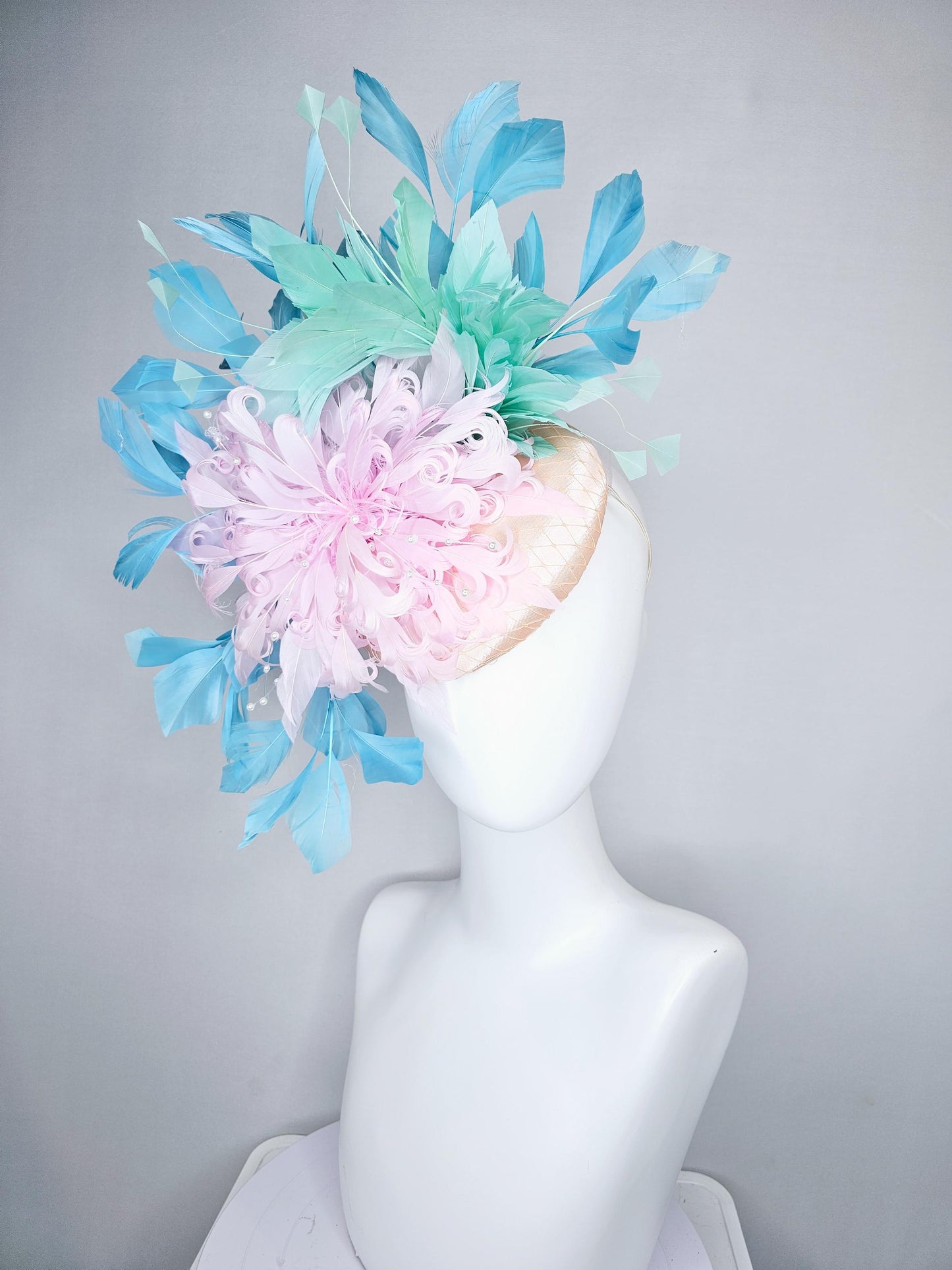 kentucky derby hat fascinator champagne satin with netting,light pink curly feather flower w/ pearl strings,light blue w/ mint green feather