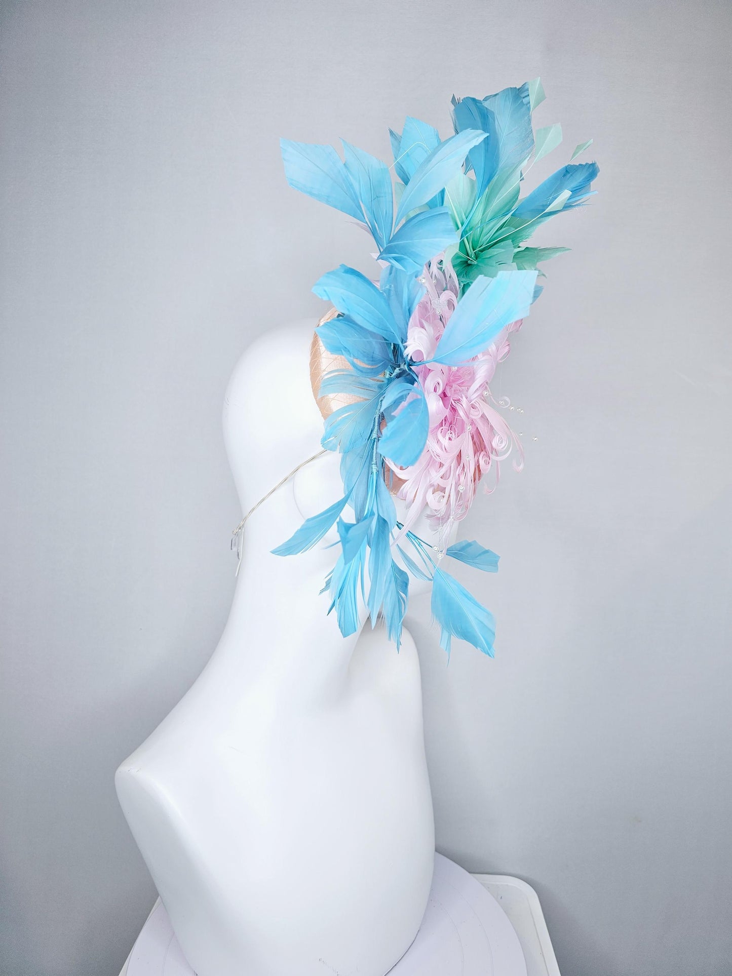 kentucky derby hat fascinator champagne satin with netting,light pink curly feather flower w/ pearl strings,light blue w/ mint green feather