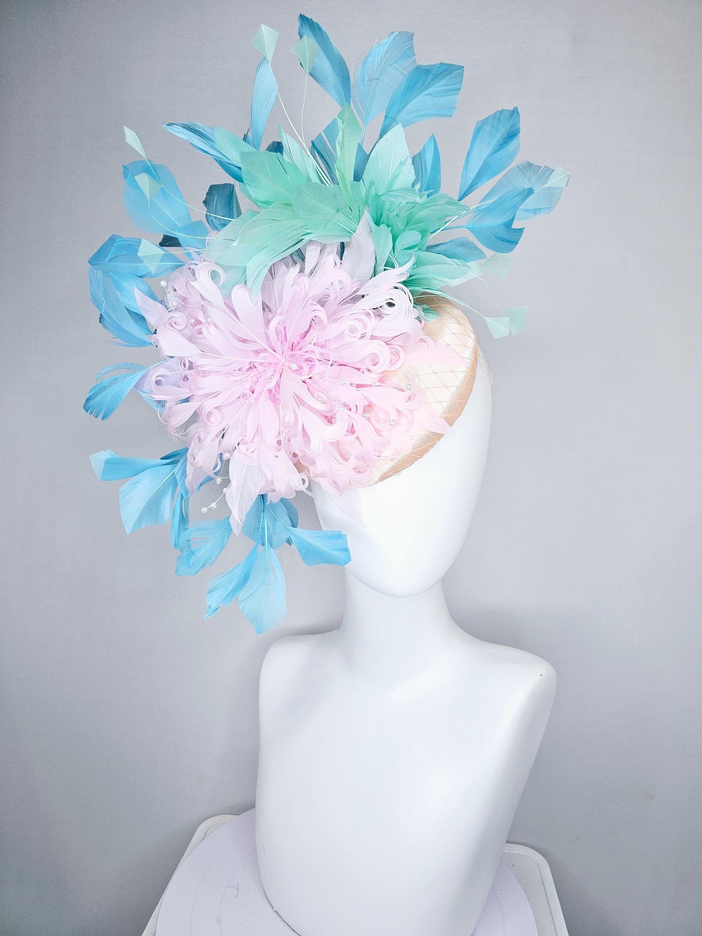 kentucky derby hat fascinator champagne satin with netting,light pink curly feather flower w/ pearl strings,light blue w/ mint green feather