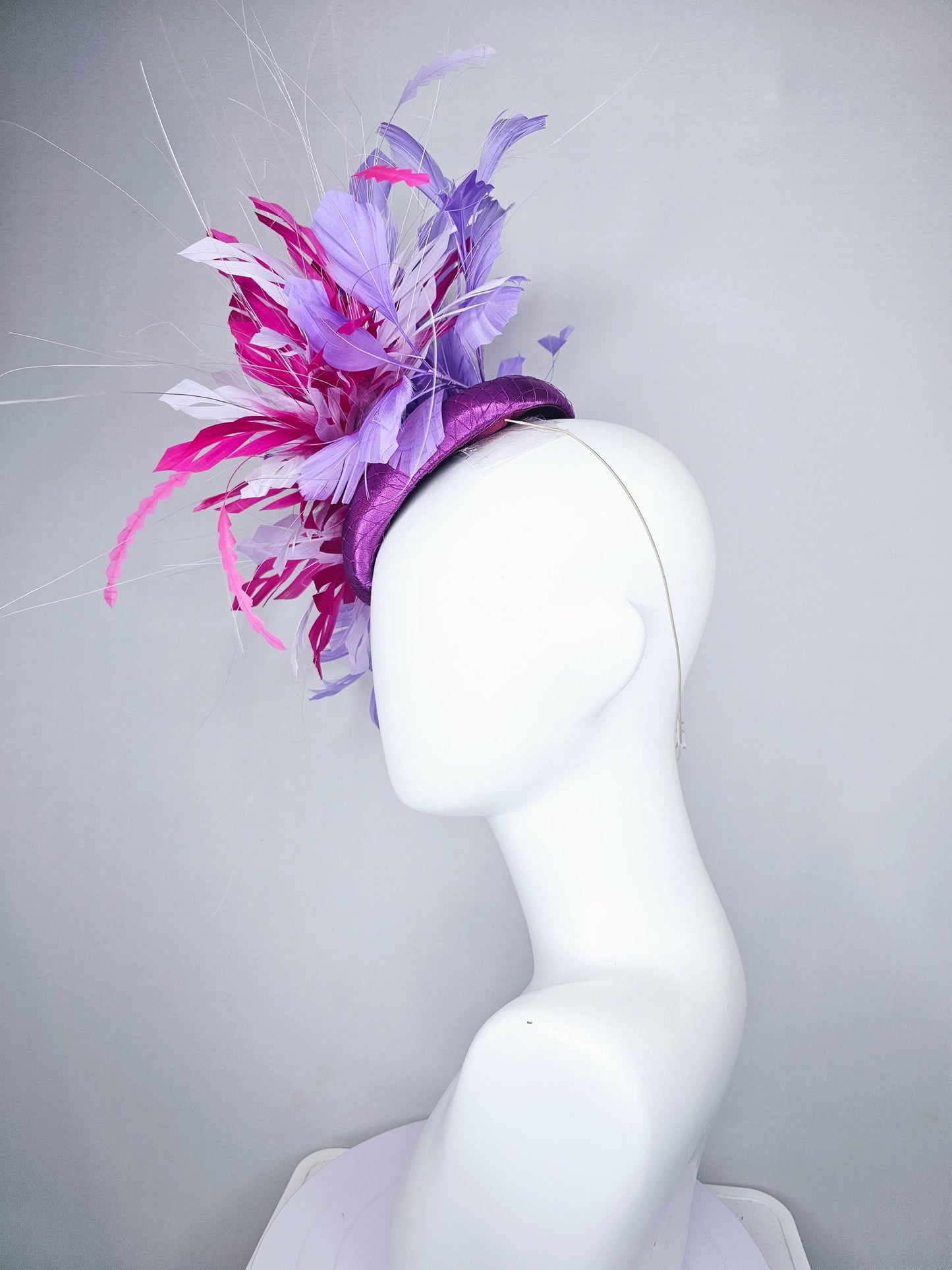 kentucky derby hat fascinator purple satin with netting with pink,lavender purple and light pink branching feathers