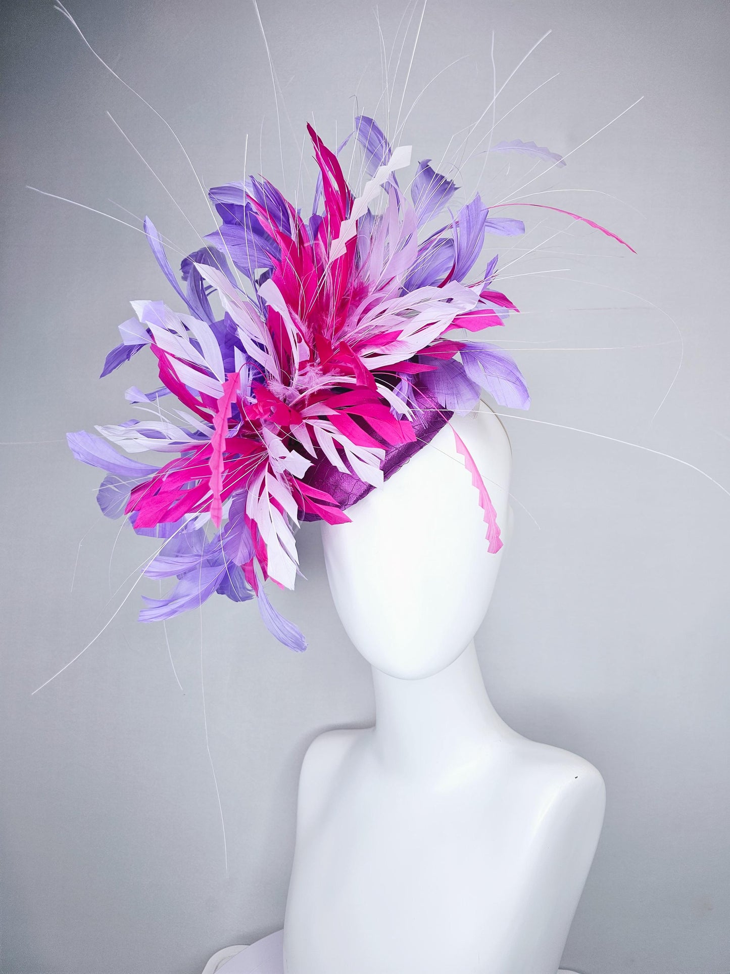 kentucky derby hat fascinator purple satin with netting with pink,lavender purple and light pink branching feathers