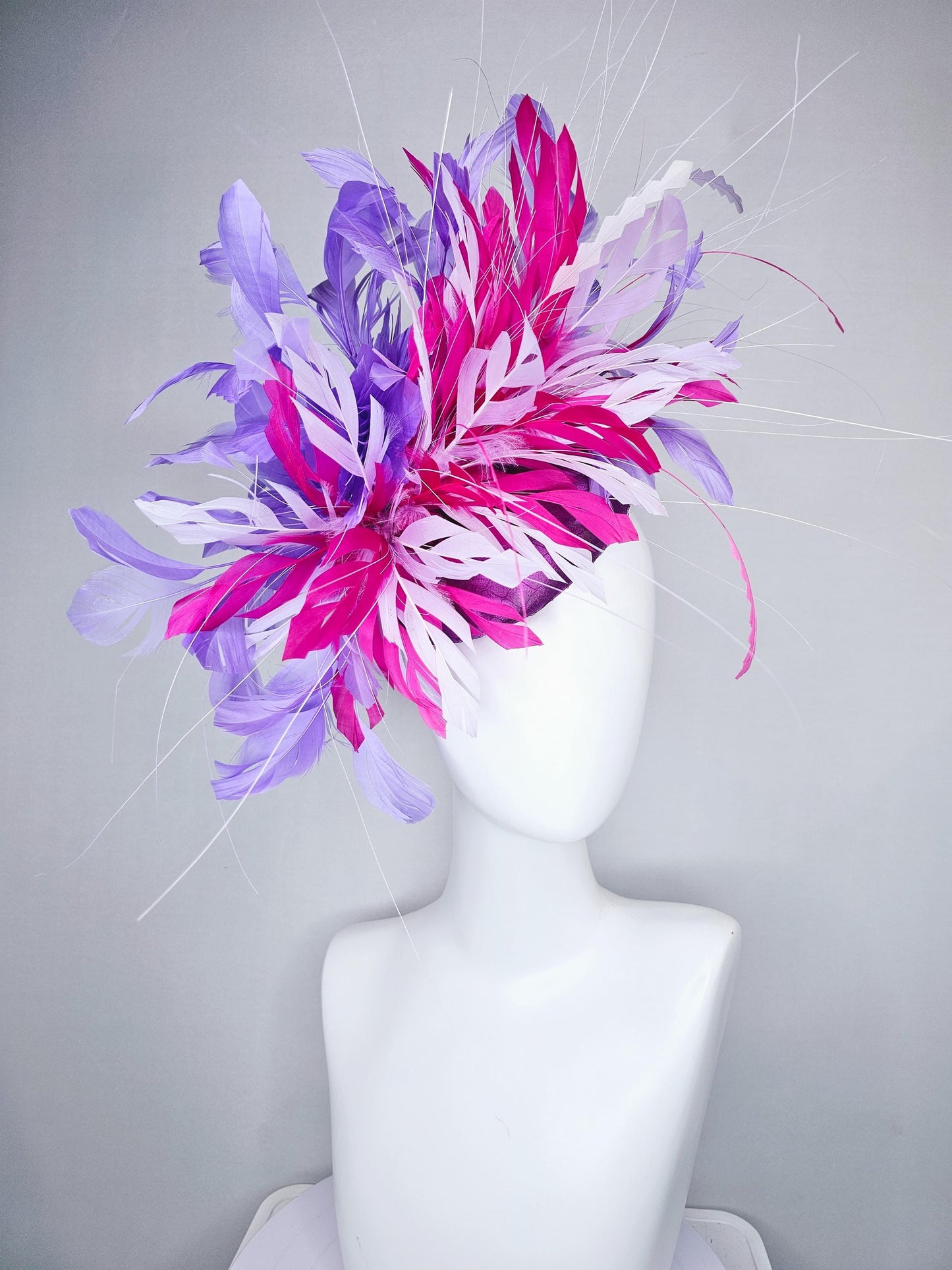 kentucky derby hat fascinator purple satin with netting with pink,lavender purple and light pink branching feathers