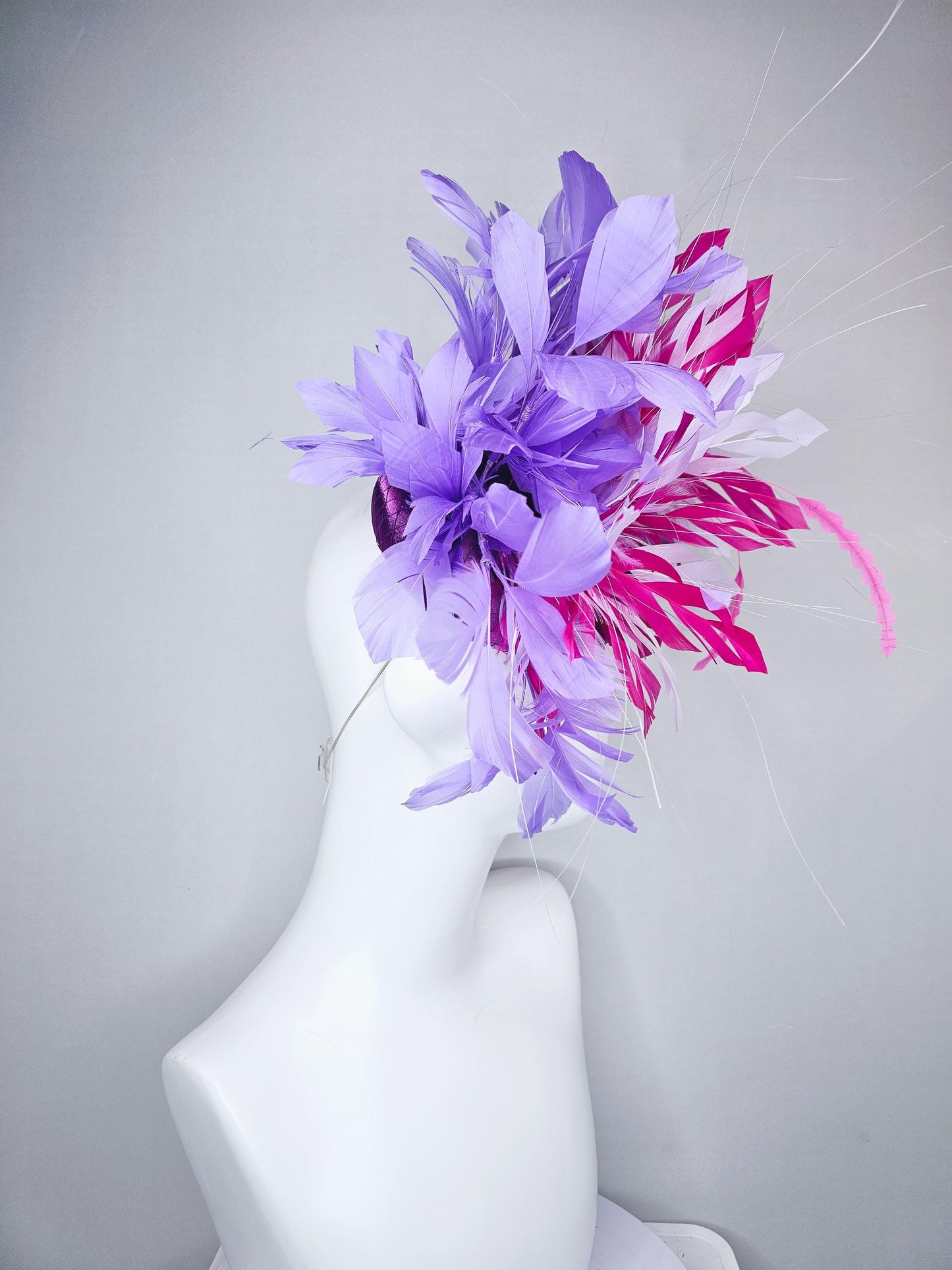 kentucky derby hat fascinator purple satin with netting with pink,lavender purple and light pink branching feathers