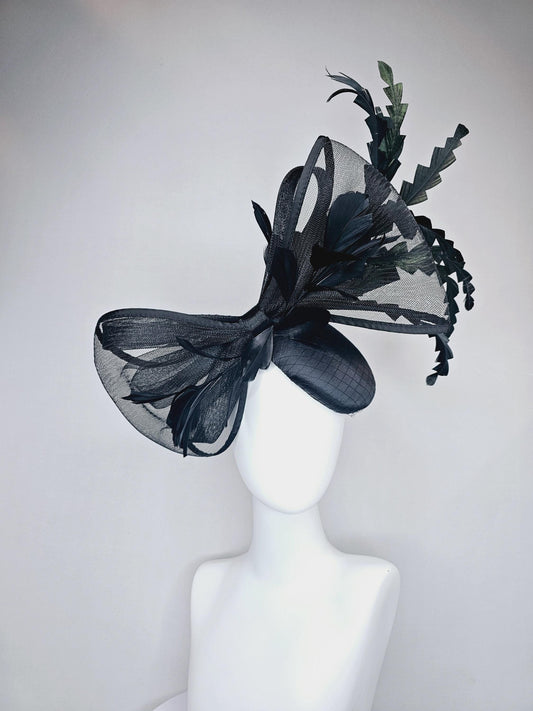 kentucky derby hat fascinator black satin with netting with large black mesh bow and black zigzag branching feathers