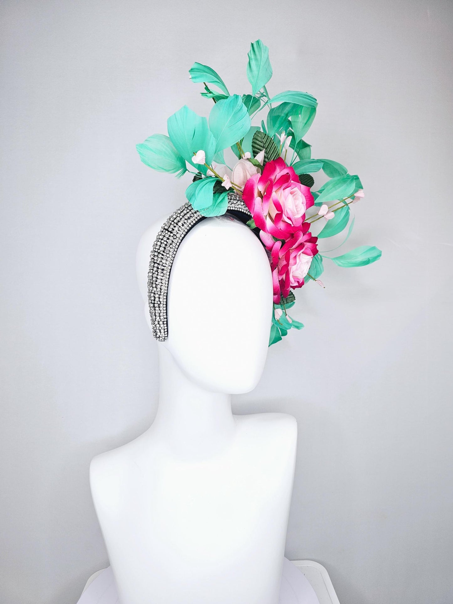 kentucky derby hat fascinator crystal rhinestone headband with ombre pink cream satin roses,floral stems and green branching feathers