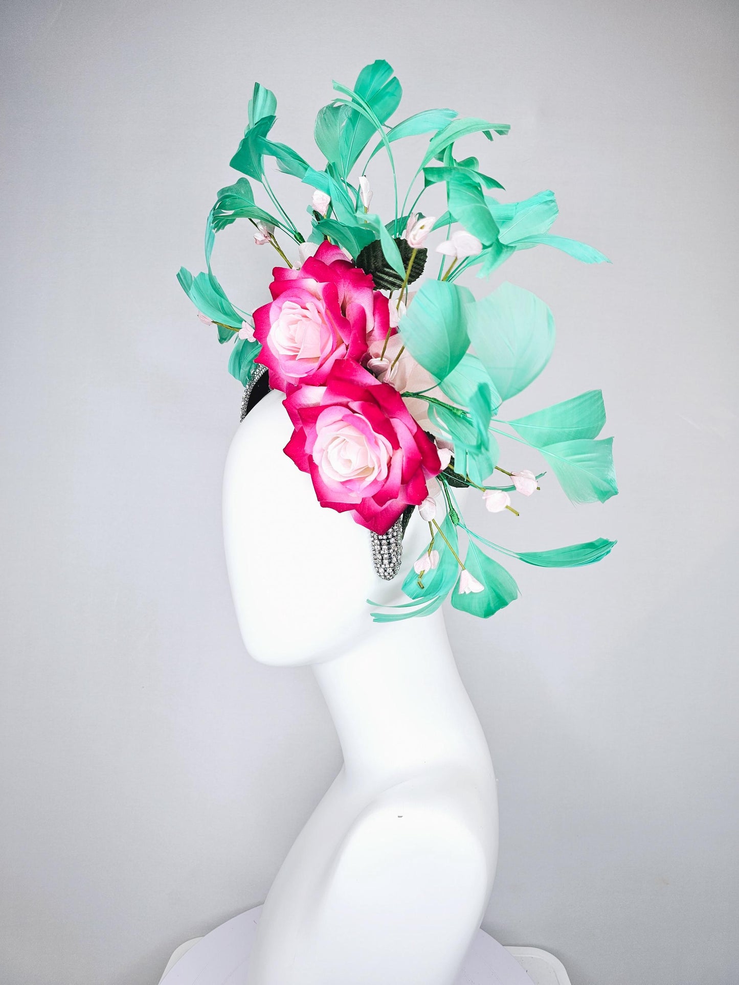 kentucky derby hat fascinator crystal rhinestone headband with ombre pink cream satin roses,floral stems and green branching feathers