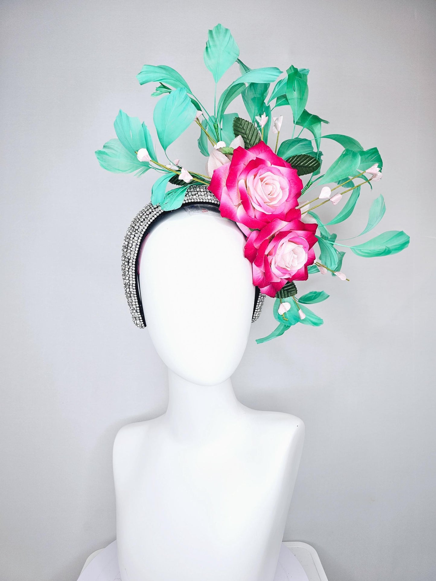 kentucky derby hat fascinator crystal rhinestone headband with ombre pink cream satin roses,floral stems and green branching feathers