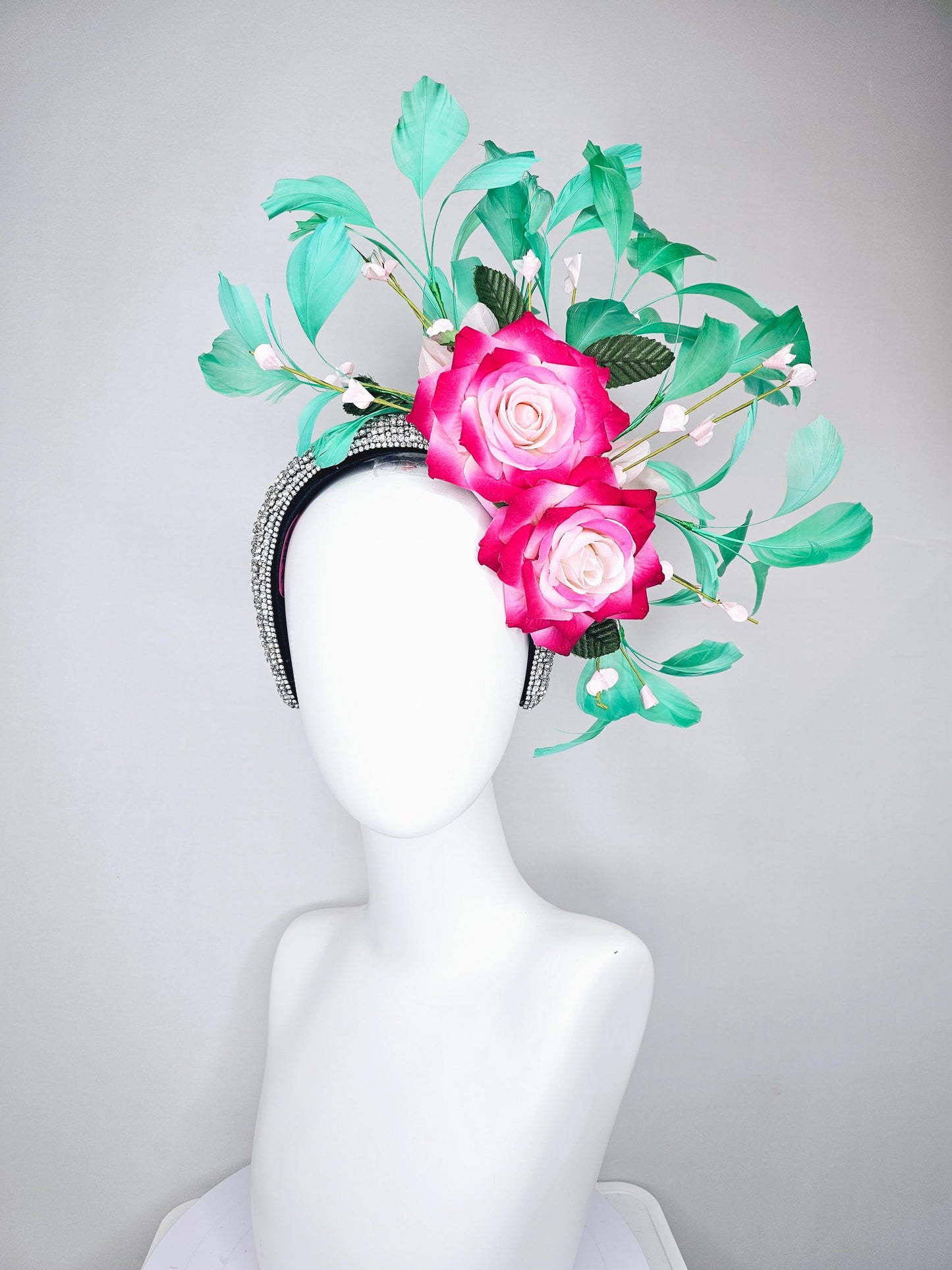 kentucky derby hat fascinator crystal rhinestone headband with ombre pink cream satin roses,floral stems and green branching feathers