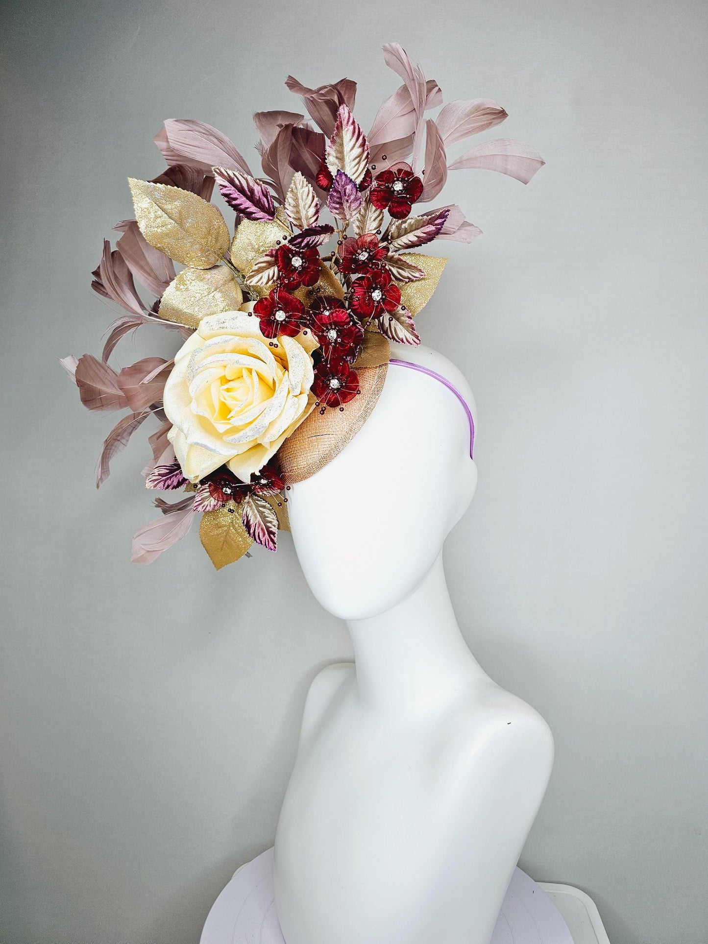 kentucky derby hat fascinator neutral cream satin rose, burgundy red flowers,gold purple ombre leaves,mauve taupe neutral tan beige feathers