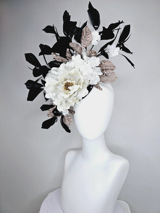kentucky derby hat fascinator large ivory white silver satin flower, white satin flowers with pearls, taupe leaves, black branching feathers