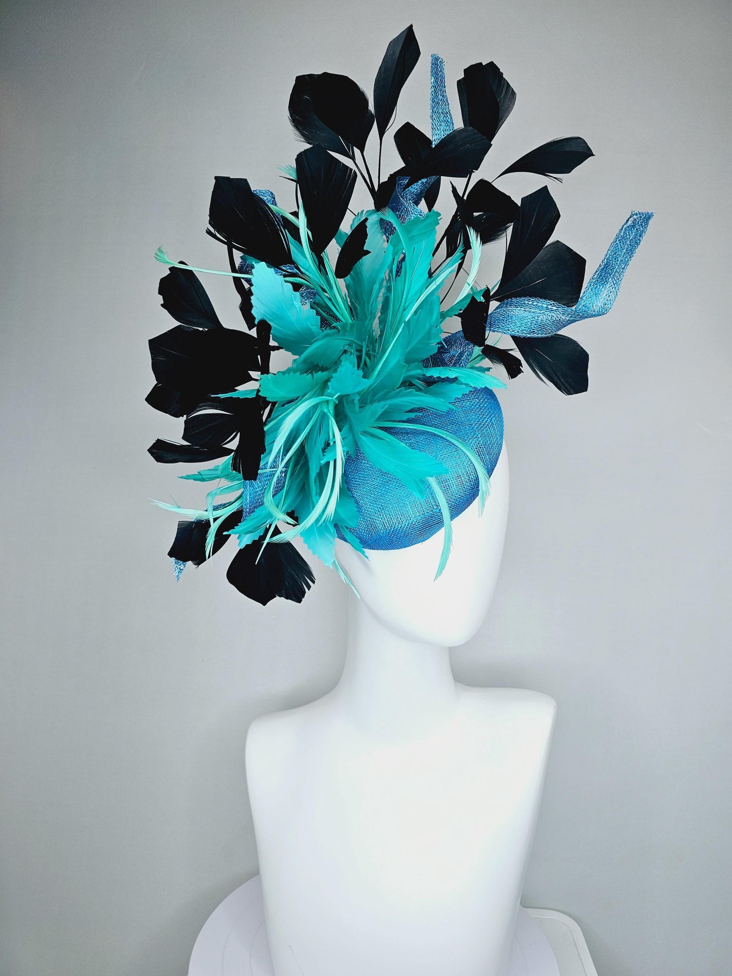 kentucky derby hat fascinator sky blue sinamay with curls, fluffy zigzag turquoise blue mint green feather flower, black branching feathers