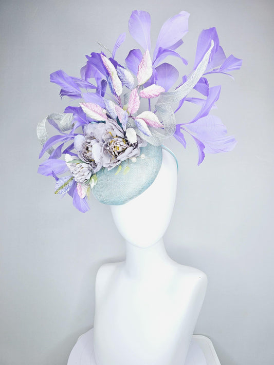 kentucky derby hat fascinator light blue sinamay light gray curls,light gray satin flowers,pink purple ombre leaves,lavender purple feathers