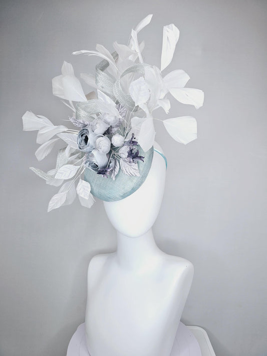 kentucky derby hat fascinator light blue sinamay with curls, silver light gray purple ombre satin flowers,white silver leaves,white feathers