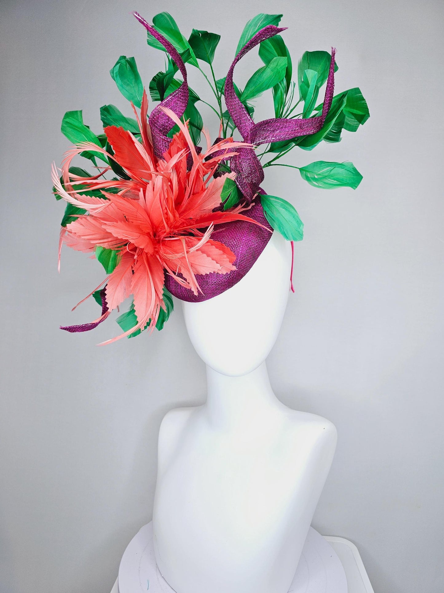 kentucky derby hat fascinator magenta purple sinamay with curls, fluffy zigzag coral orange feather flower, emerald green branching feathers