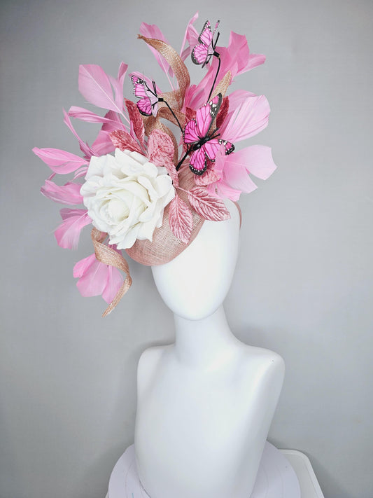 kentucky derby hat fascinator blush pink sinamay w/ curls,ivory white satin rose,light rose pink leaves,pink feathers,pink black butterflies