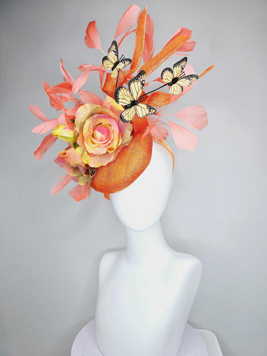 kentucky derby hat fascinator orange sinamay w/ curls,yellow pink ombre satin roses with leaves,pink peach feathers,yellow black butterflies