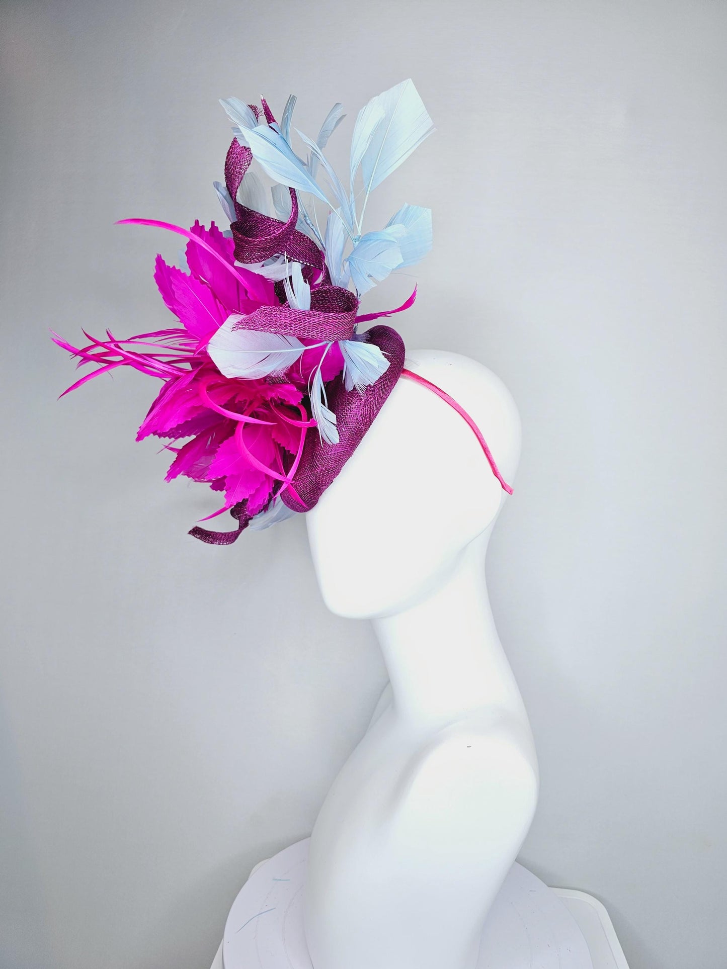 kentucky derby hat fascinator magenta purple sinamay w/ curls,fluffy zigzag bright fuchsia pink feather flower,light blue branching feathers