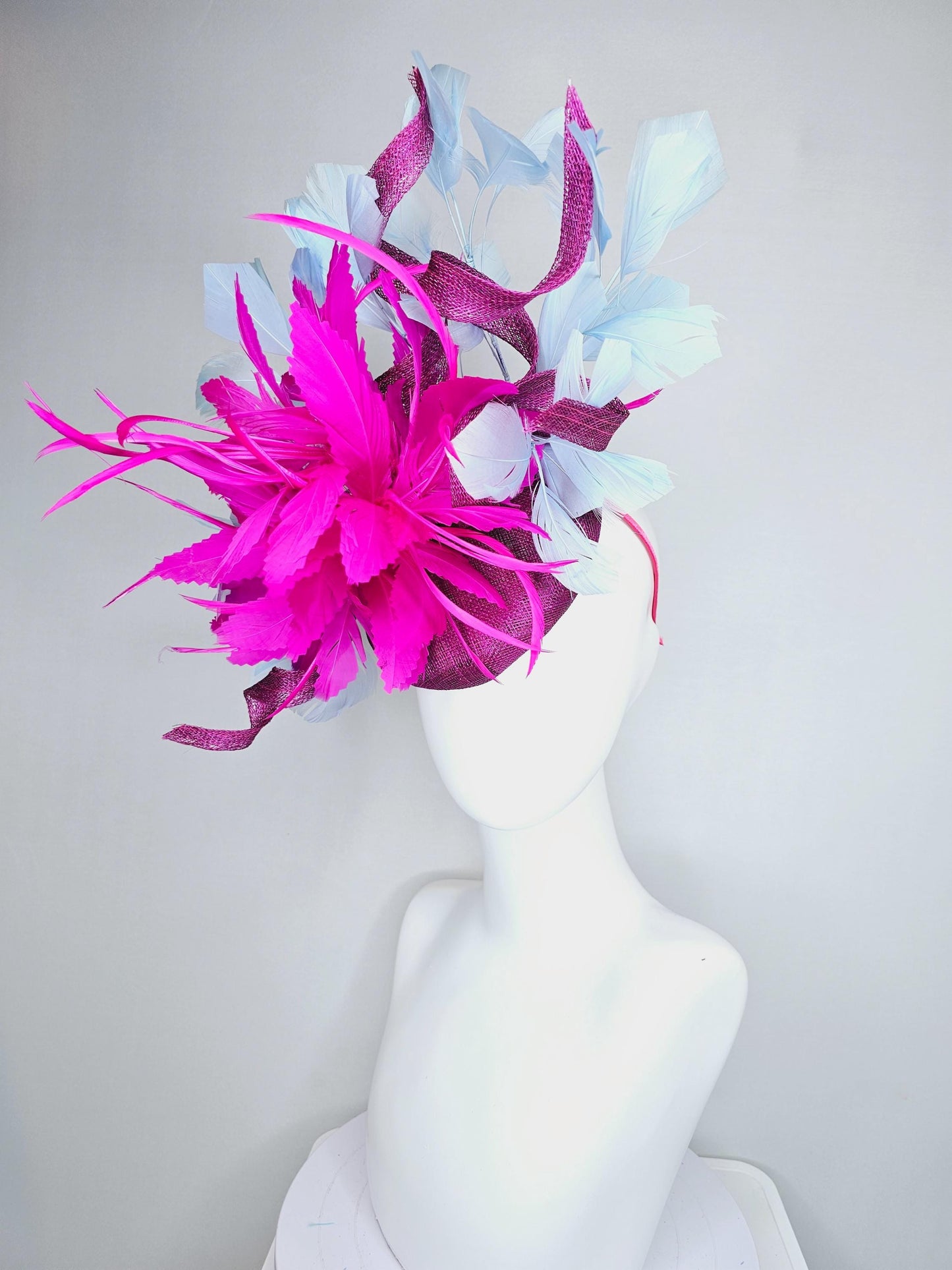 kentucky derby hat fascinator magenta purple sinamay w/ curls,fluffy zigzag bright fuchsia pink feather flower,light blue branching feathers