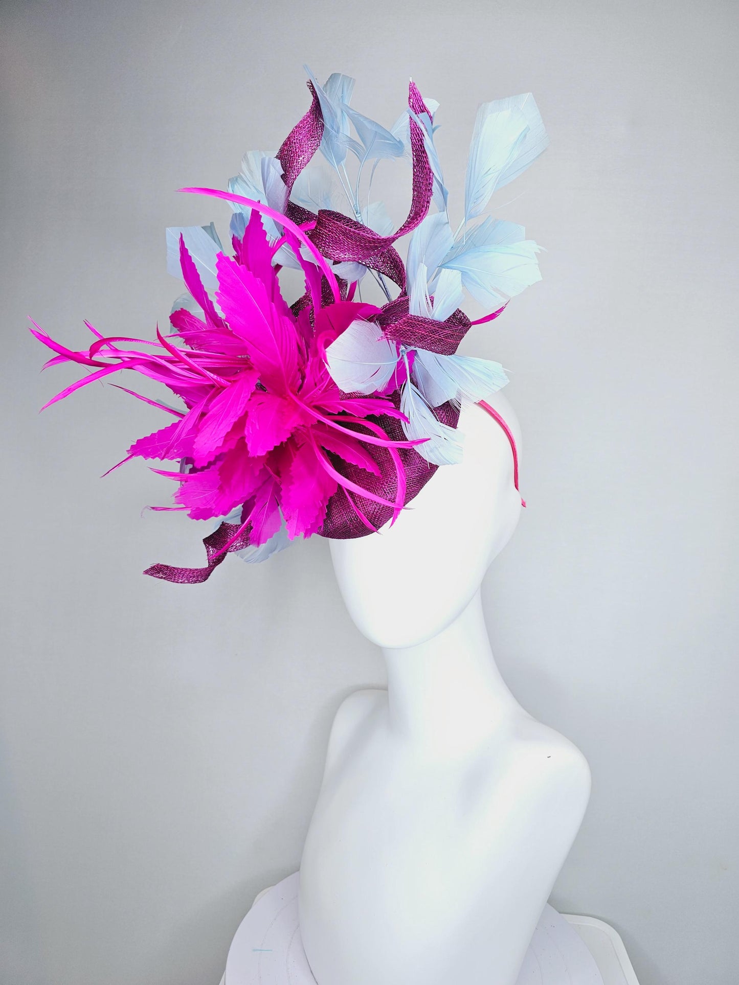 kentucky derby hat fascinator magenta purple sinamay w/ curls,fluffy zigzag bright fuchsia pink feather flower,light blue branching feathers