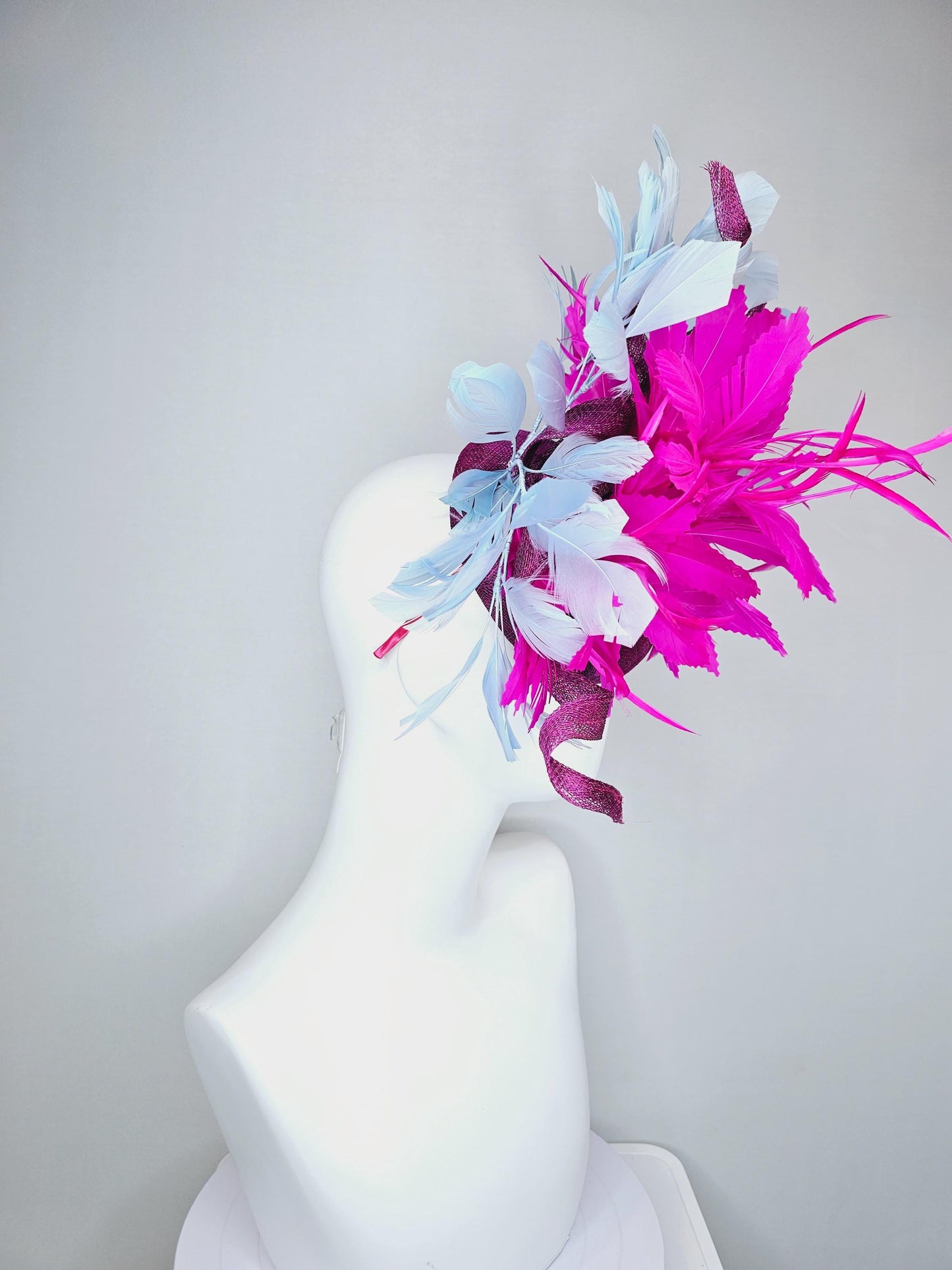 kentucky derby hat fascinator magenta purple sinamay w/ curls,fluffy zigzag bright fuchsia pink feather flower,light blue branching feathers