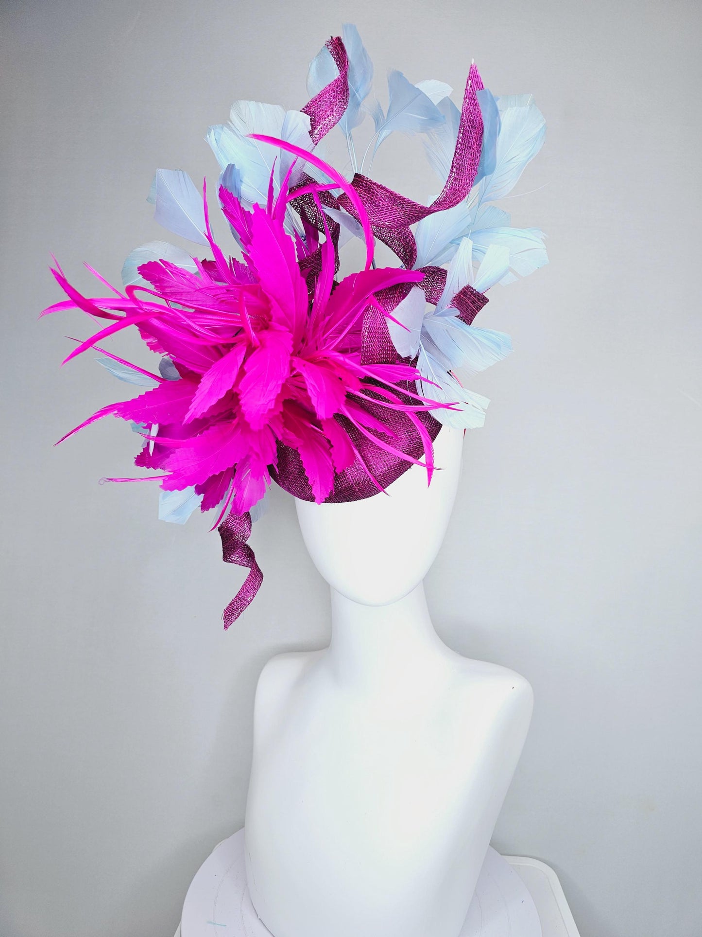 kentucky derby hat fascinator magenta purple sinamay w/ curls,fluffy zigzag bright fuchsia pink feather flower,light blue branching feathers