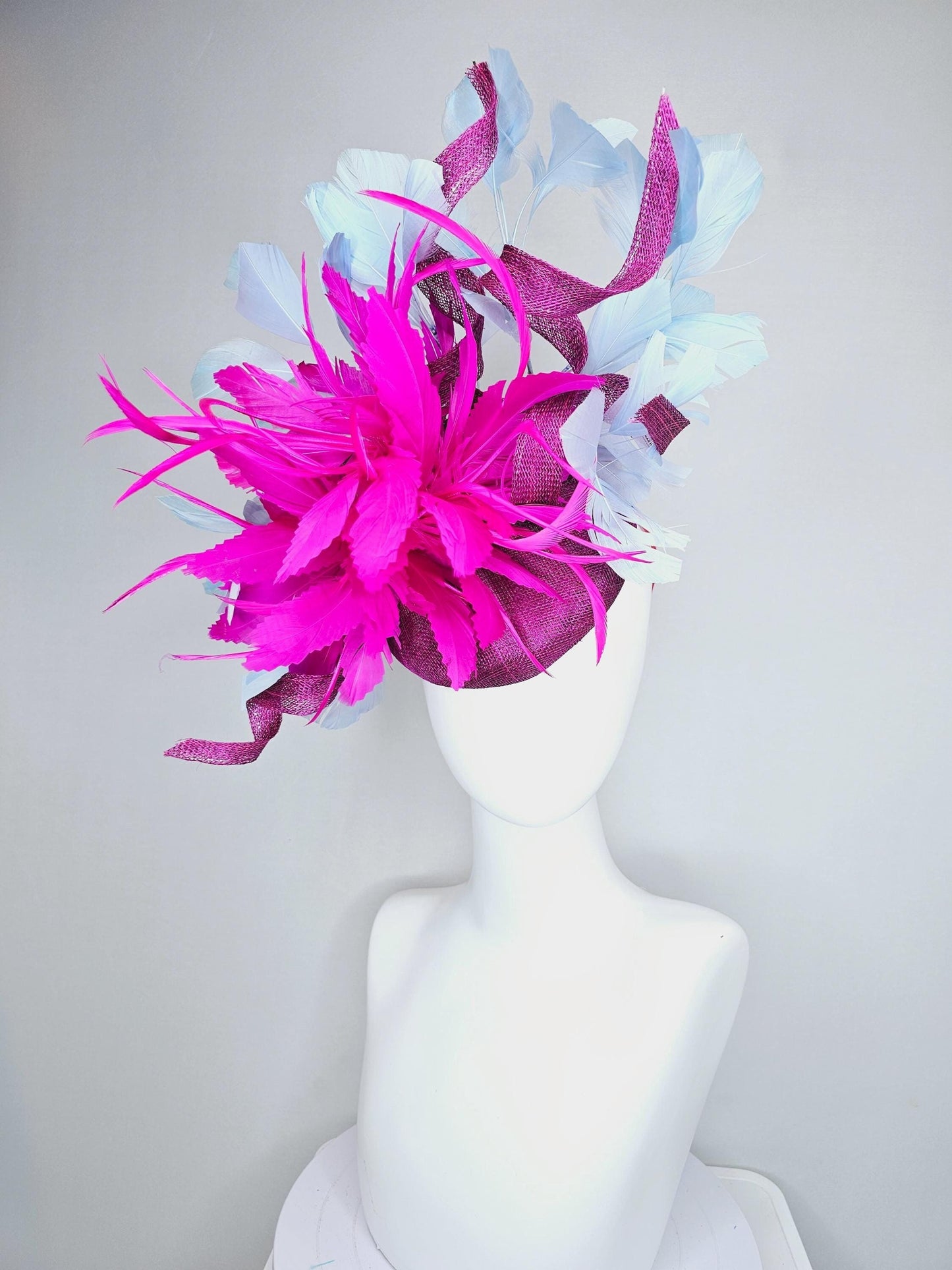 kentucky derby hat fascinator magenta purple sinamay w/ curls,fluffy zigzag bright fuchsia pink feather flower,light blue branching feathers