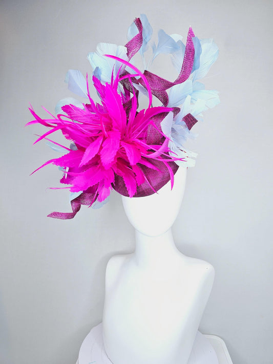 kentucky derby hat fascinator magenta purple sinamay w/ curls,fluffy zigzag bright fuchsia pink feather flower,light blue branching feathers