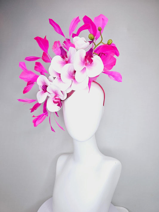 kentucky derby hat fascinator white and pink satin silk orchid flowers, bright fuchsia pink branching feathers