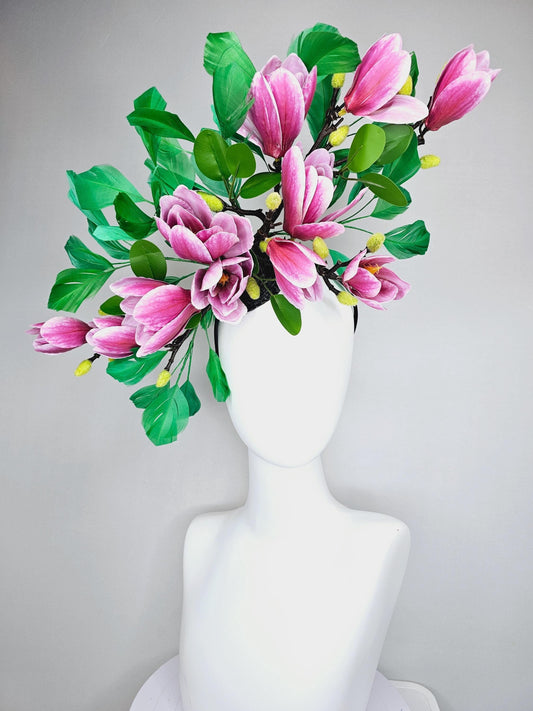 kentucky derby hat fascinator large pink ombre satin silk tulip flowers, green leaves, emerald green branching feathers