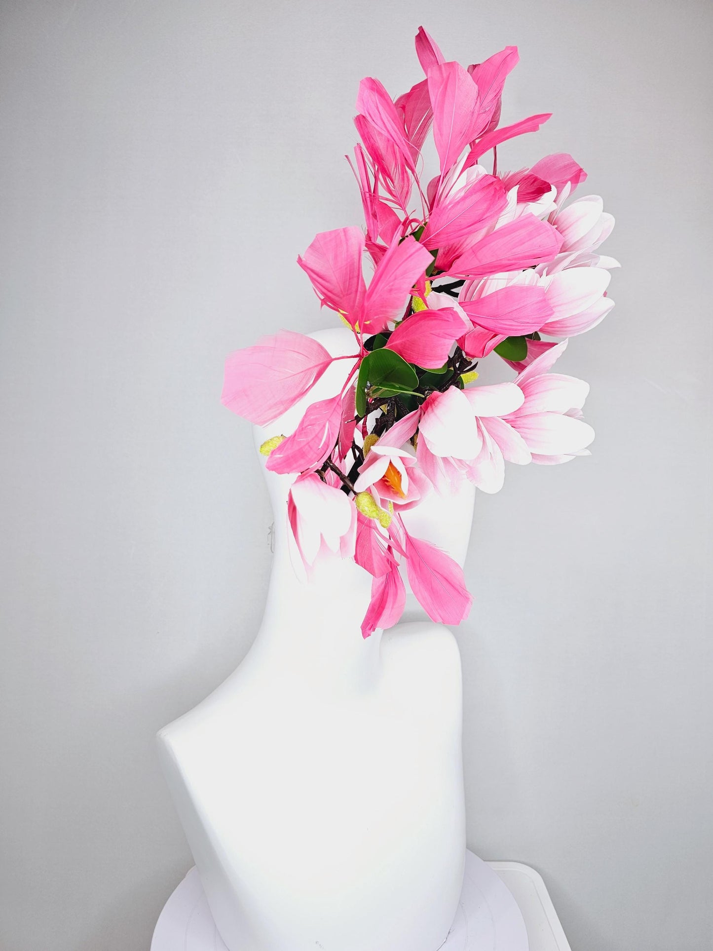 kentucky derby hat fascinator large pink ombre satin silk tulip flowers, green leaves, hot raspberry pink branching feathers