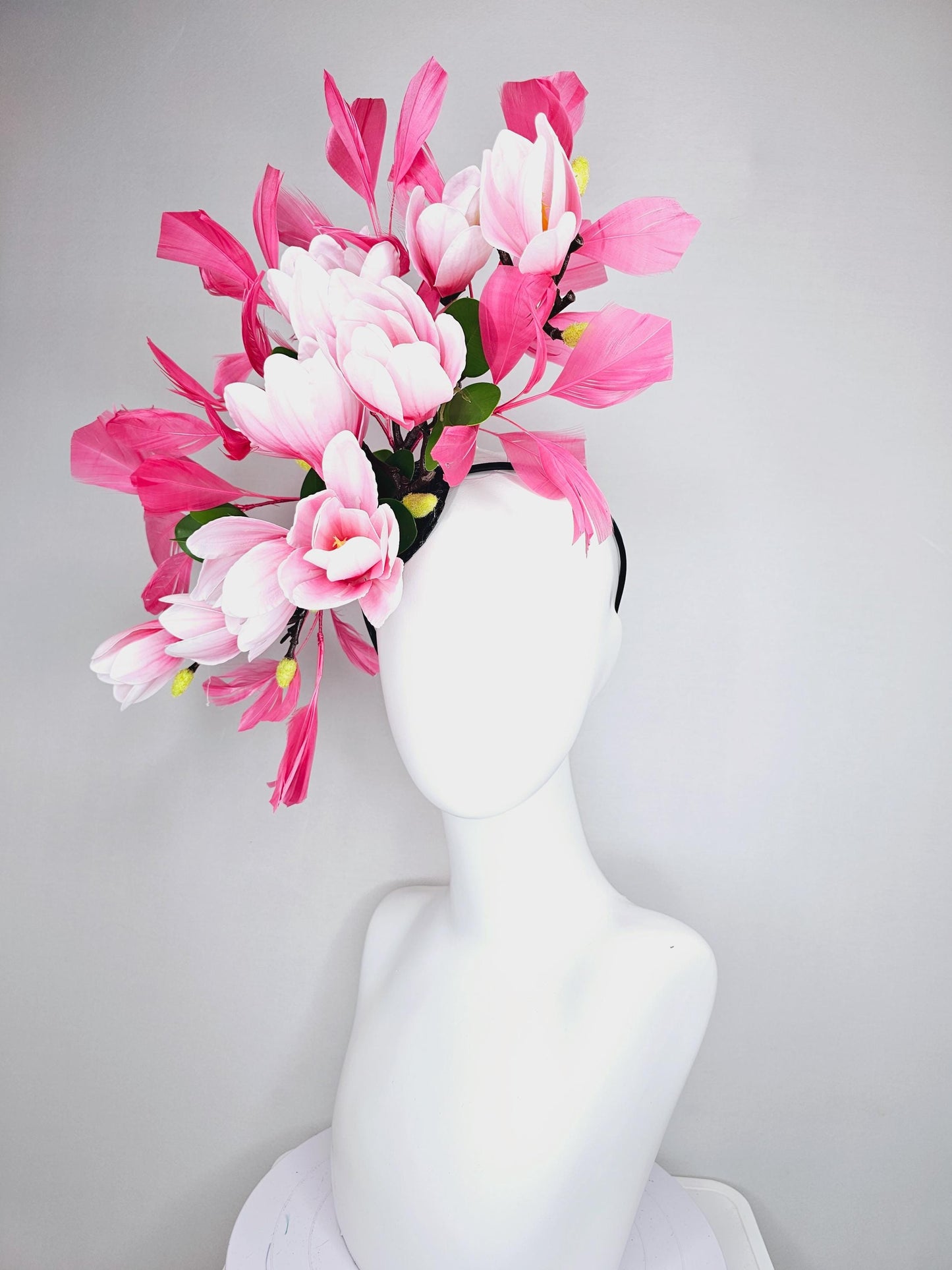 kentucky derby hat fascinator large pink ombre satin silk tulip flowers, green leaves, hot raspberry pink branching feathers