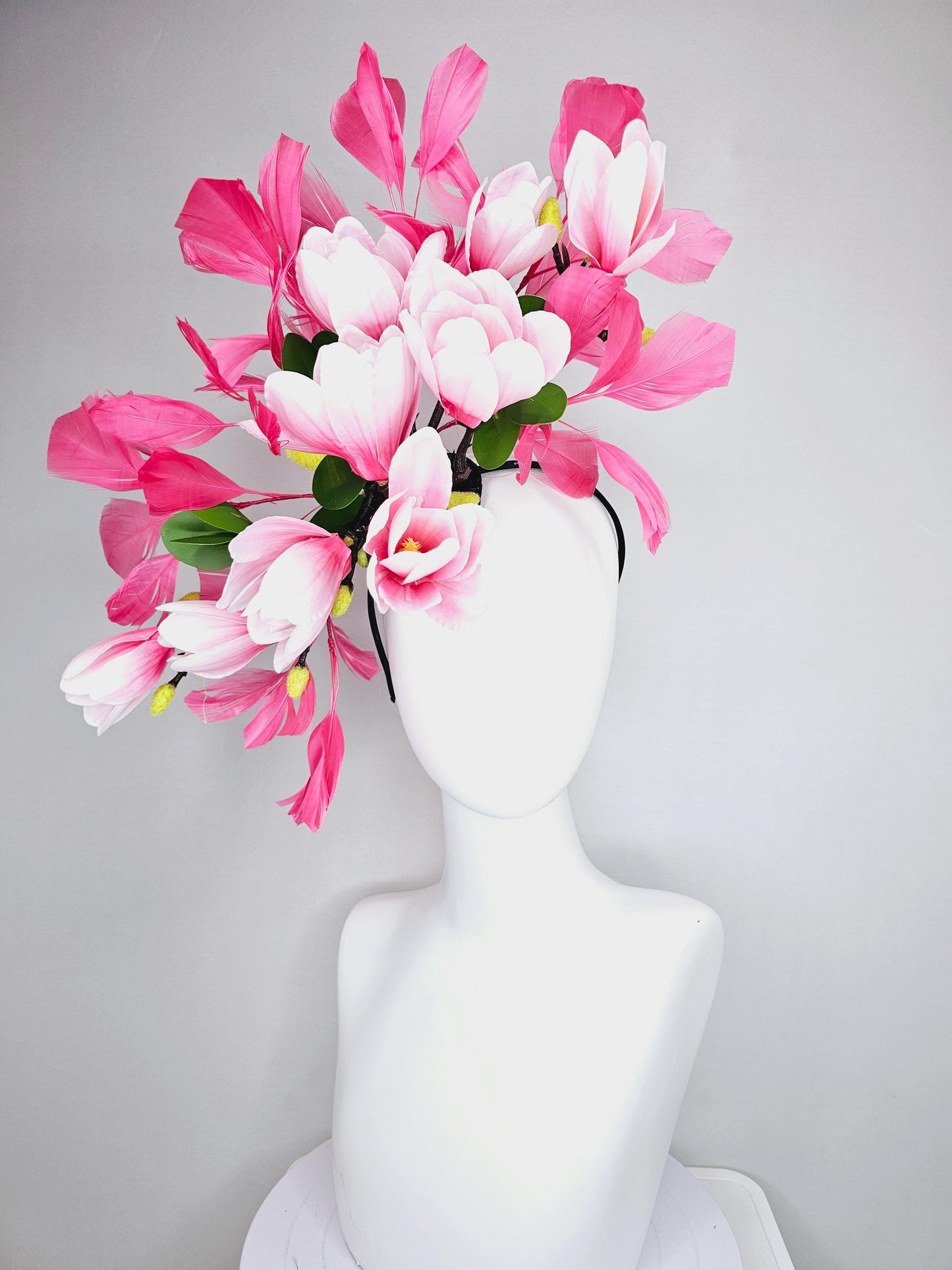 kentucky derby hat fascinator large pink ombre satin silk tulip flowers, green leaves, hot raspberry pink branching feathers