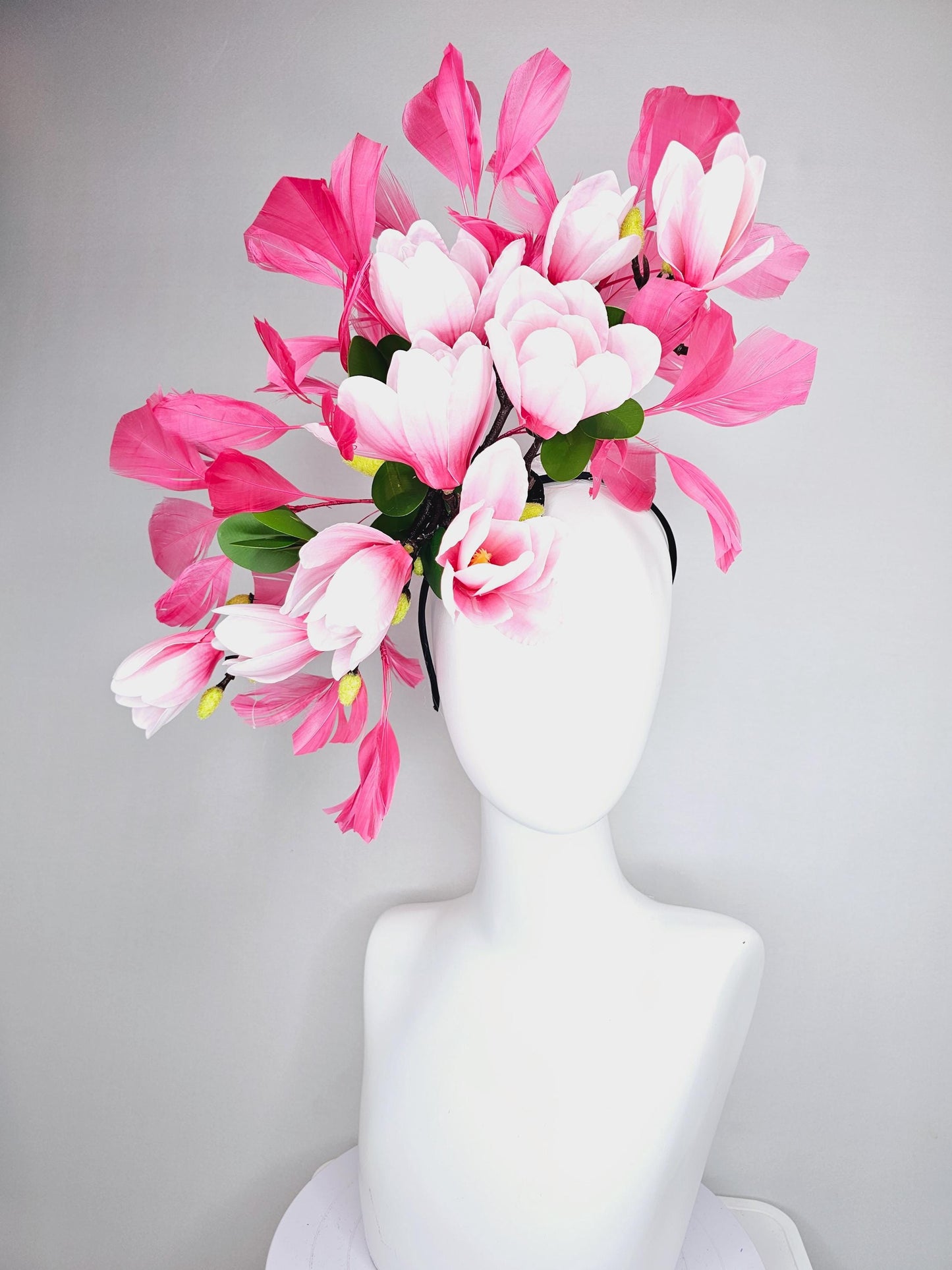 kentucky derby hat fascinator large pink ombre satin silk tulip flowers, green leaves, hot raspberry pink branching feathers