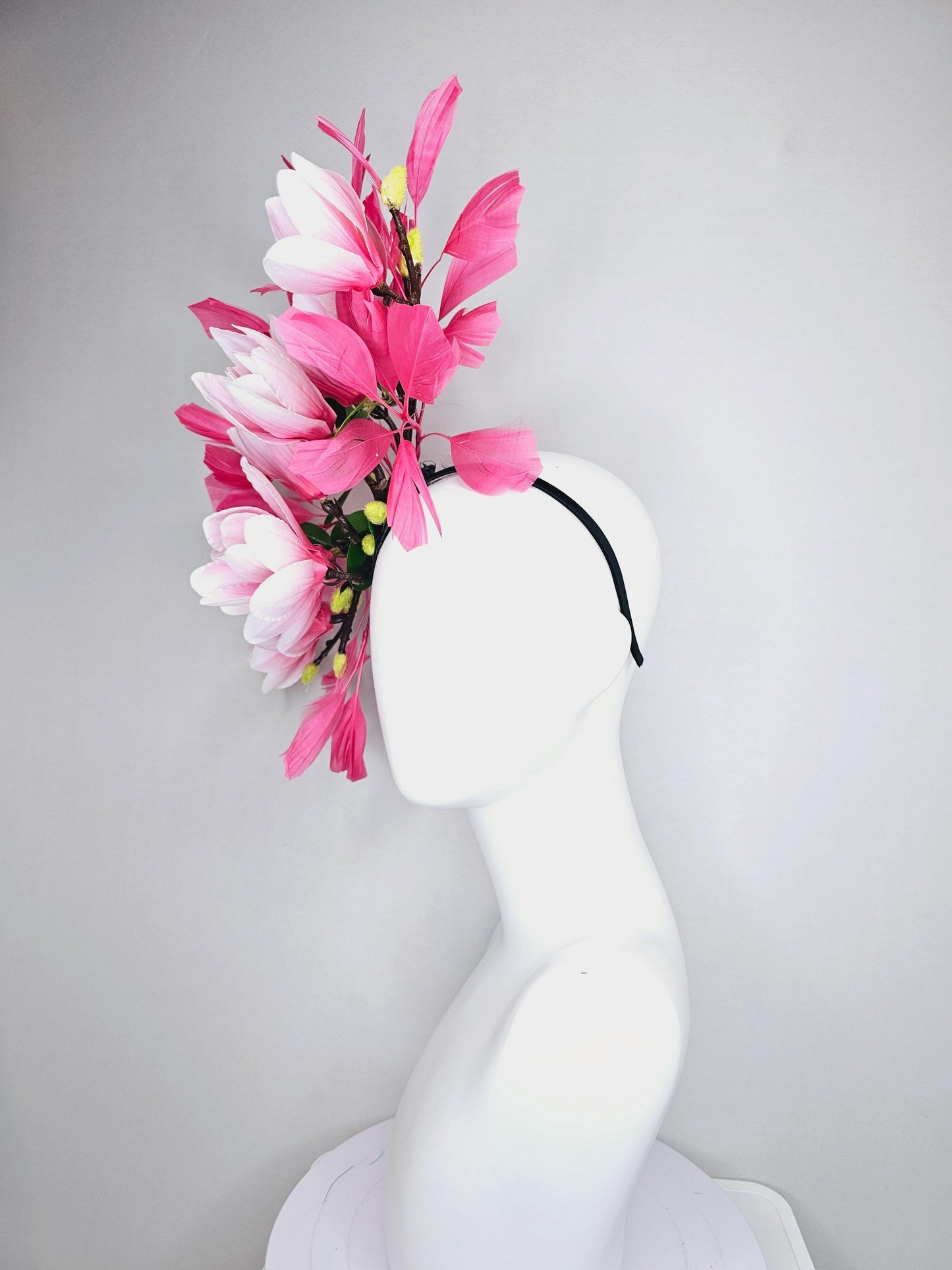 kentucky derby hat fascinator large pink ombre satin silk tulip flowers, green leaves, hot raspberry pink branching feathers