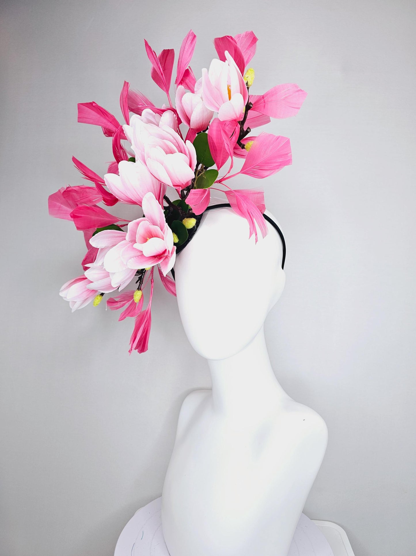 kentucky derby hat fascinator large pink ombre satin silk tulip flowers, green leaves, hot raspberry pink branching feathers