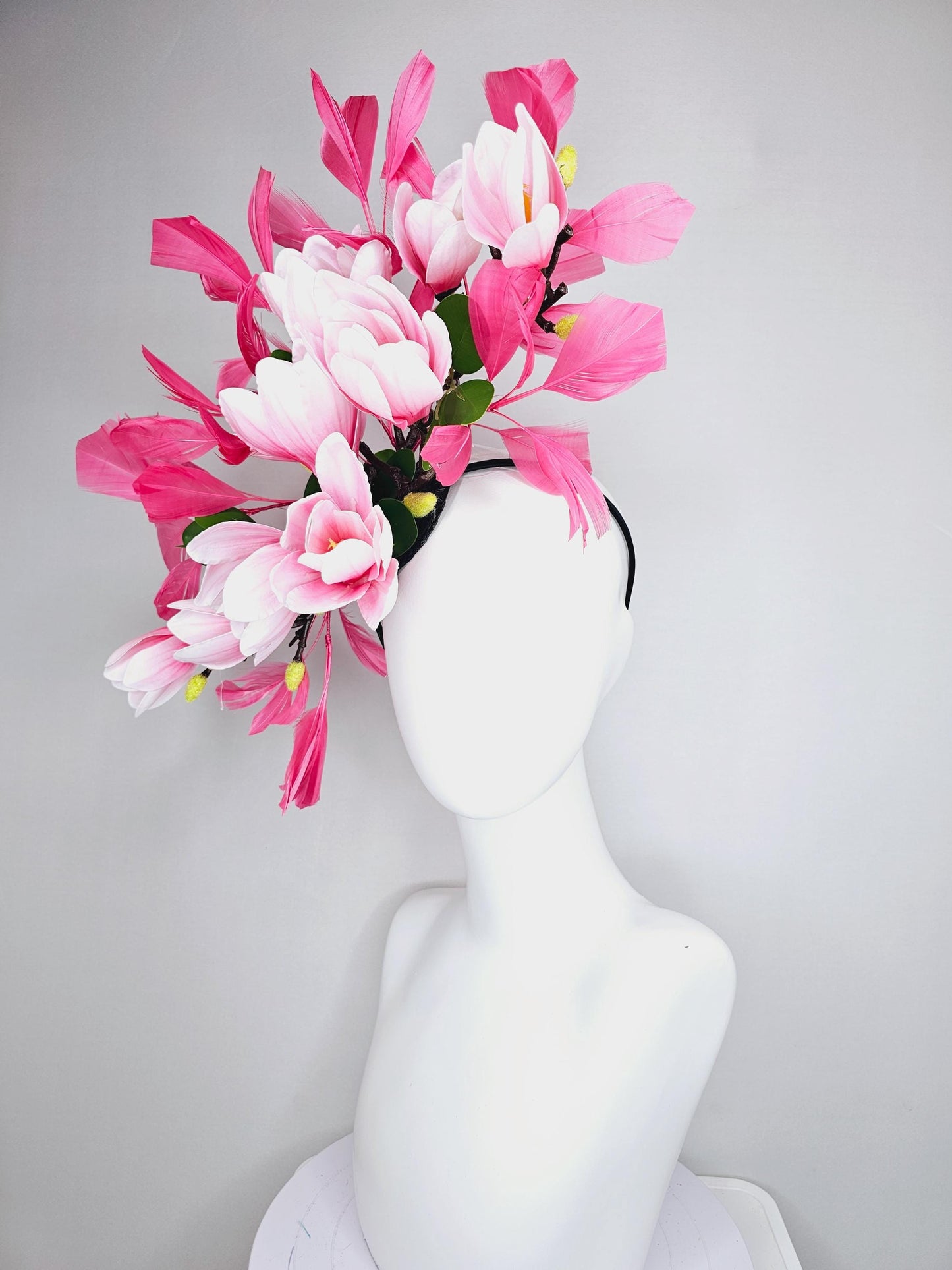 kentucky derby hat fascinator large pink ombre satin silk tulip flowers, green leaves, hot raspberry pink branching feathers