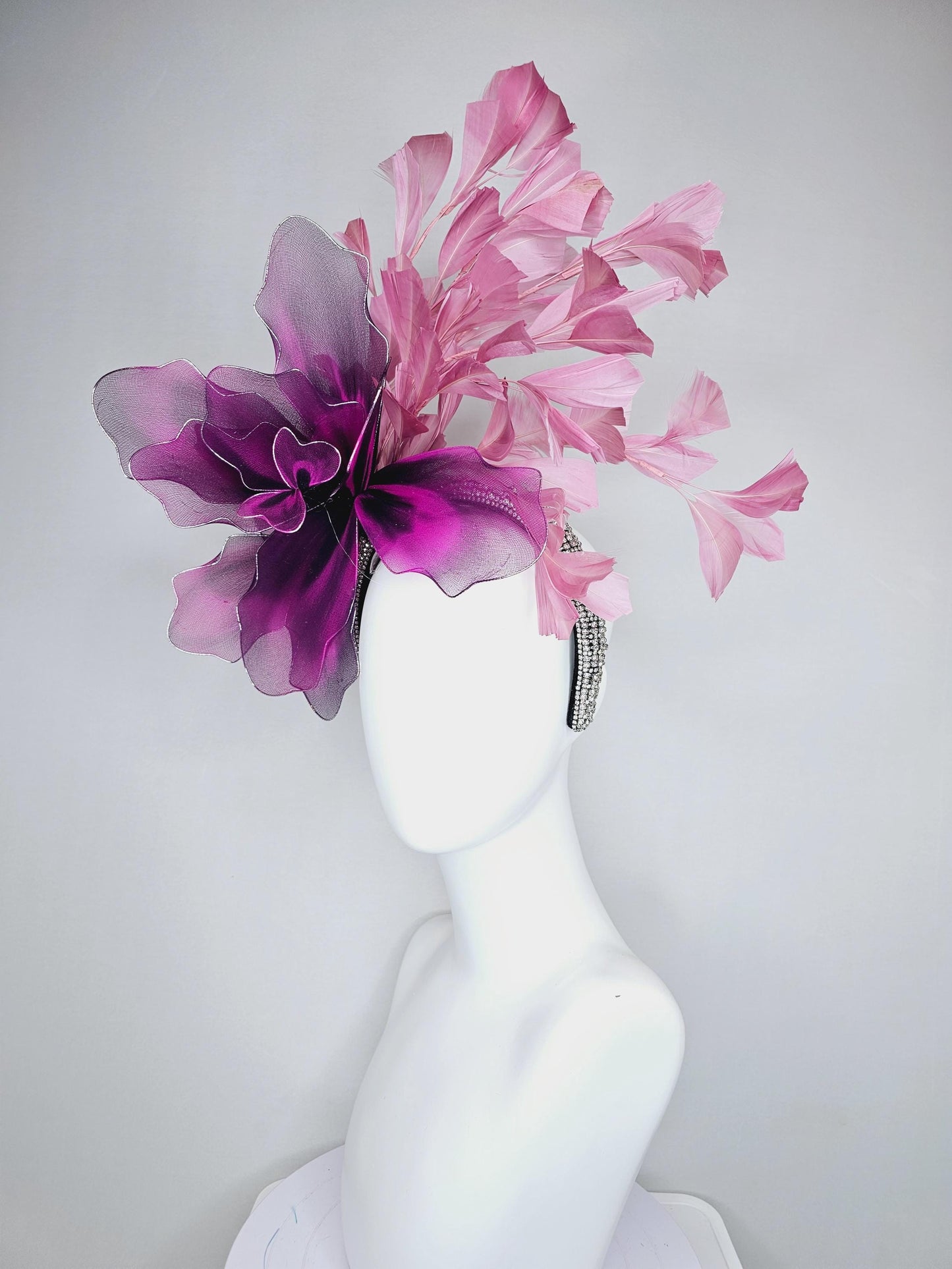 kentucky derby hat fascinator crystal rhinestone headband,large black fuchsia purple tie dye wire mesh flower, blush pink branching feathers