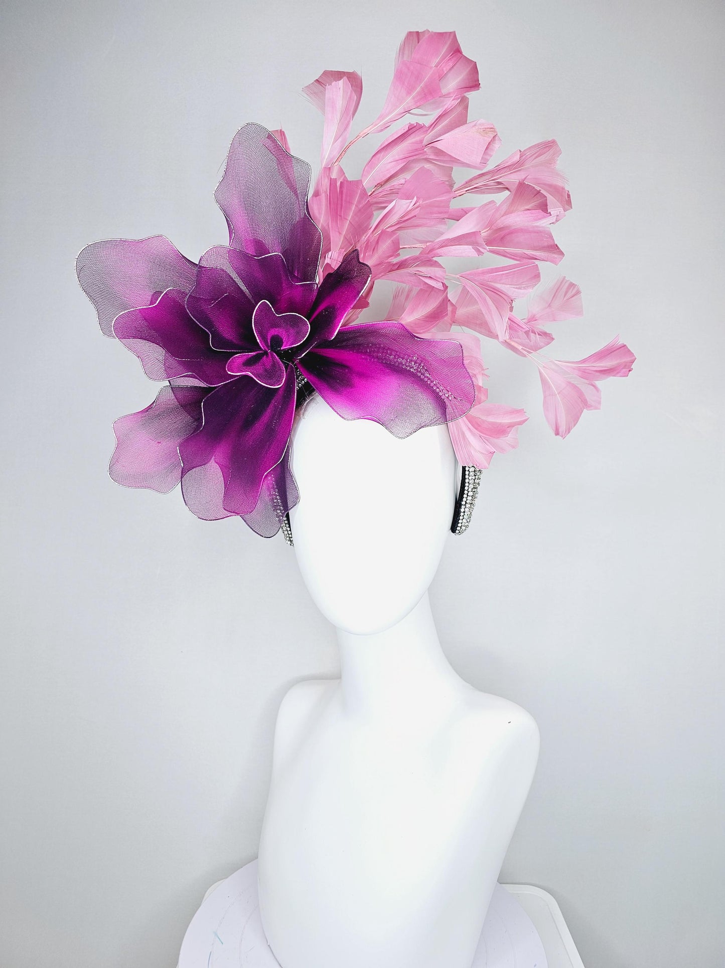 kentucky derby hat fascinator crystal rhinestone headband,large black fuchsia purple tie dye wire mesh flower, blush pink branching feathers