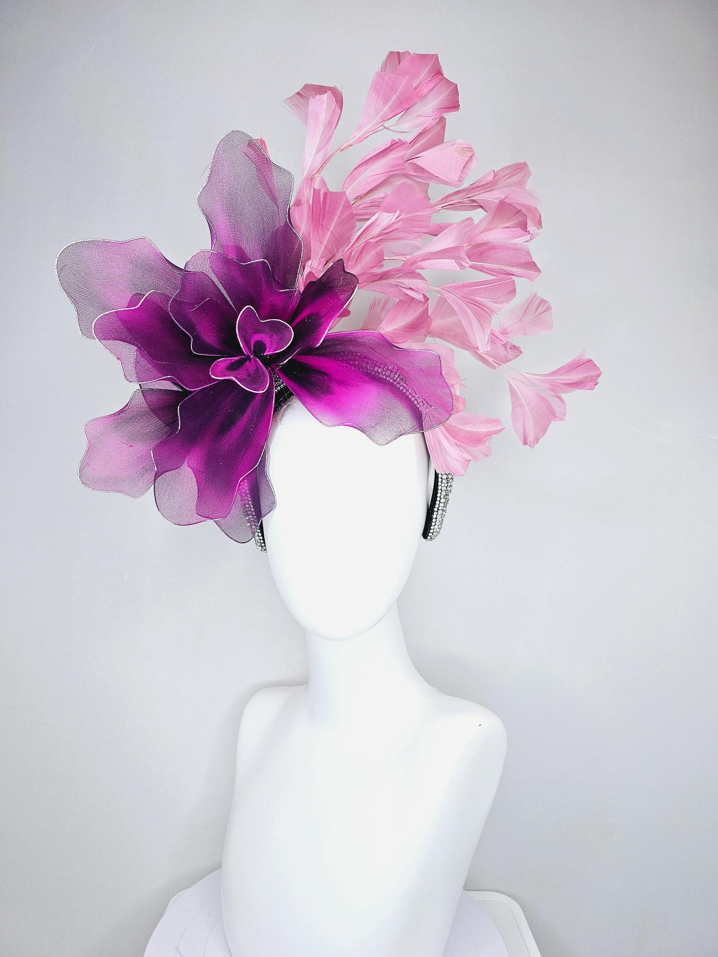 kentucky derby hat fascinator crystal rhinestone headband,large black fuchsia purple tie dye wire mesh flower, blush pink branching feathers